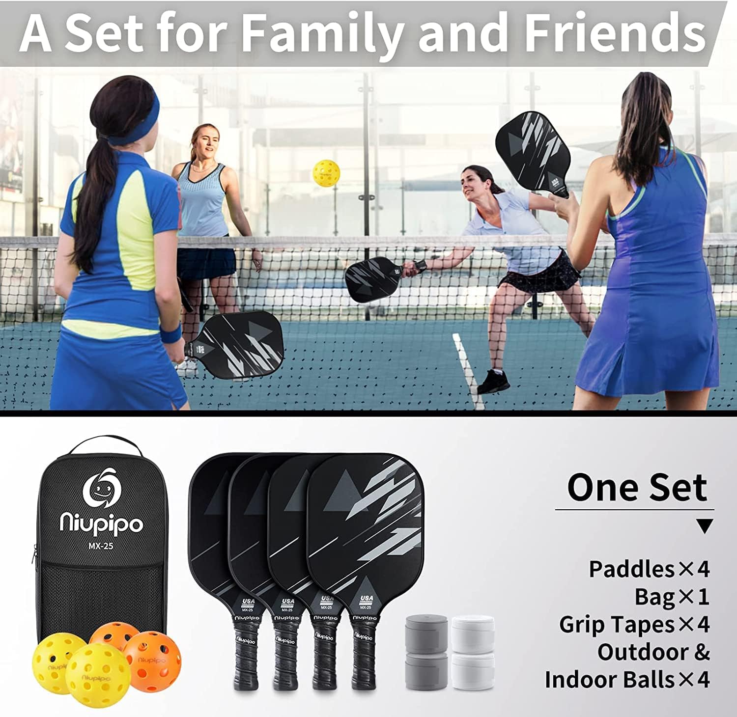 niupipo Pickleball Paddles Set of 2 or 4, USAPA Approved Fiberglass Pickleball Paddle Set with Balls and Bag, Polypropylene Honeycomb Core