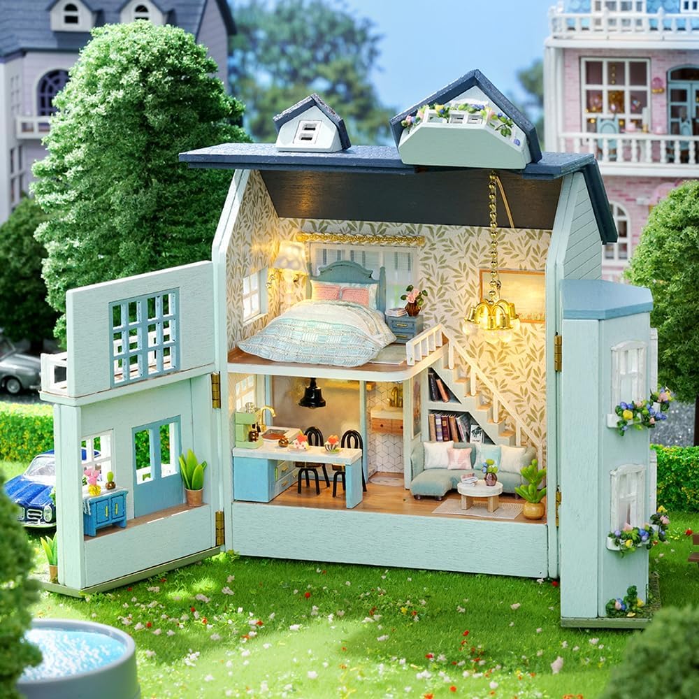 DIY Miniature Dollhouse Kit with Furniture Plus Dust Proof | 1:24 Scale Creative Room Mini Wooden Doll House Accessories for Kids Teens Adults Aged 14+(Beach Cottage)