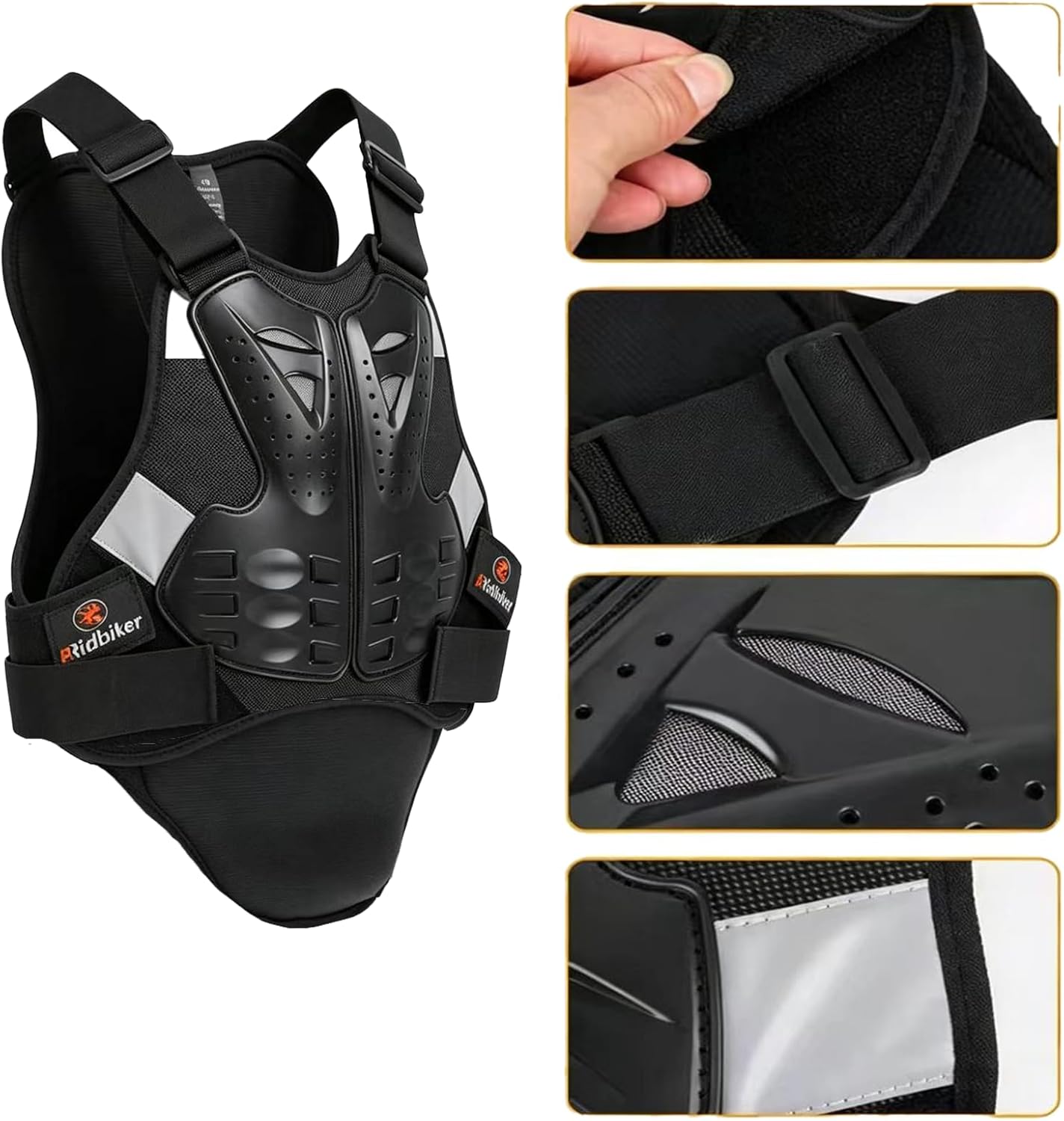 RIDBIKER Chest Protector Motorcycle, Dirt Bike Gear Body Armor Vest Spine Back Protector for Motocross Off-Road (Reflective at Night) (Black, S)