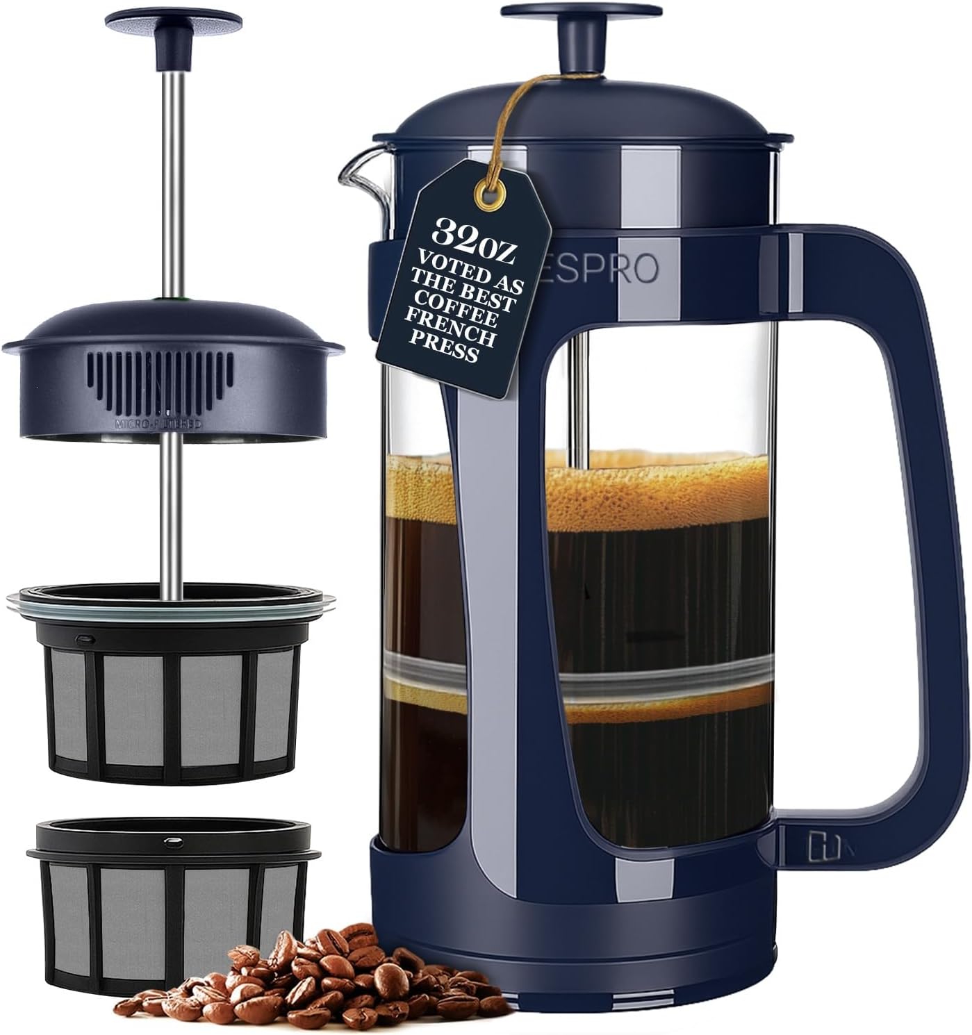 ESPRO P3 French Press Coffee Maker, 32oz, Black, Double Micro Filter Press | Grit-Free Coffee Press, Thicker Borosilicate Heat Resistant Glass french press, Tea Press, Easy Coffee Brewer, Tea Brewer