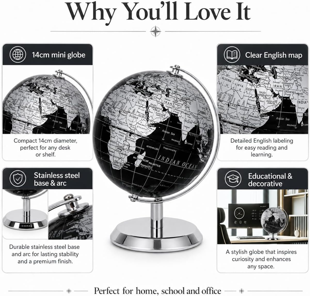EXERZ 5.5 Inches Mini World Globe Black Rotating Desktop Globe | With Stainless Steel Base for Home Office School