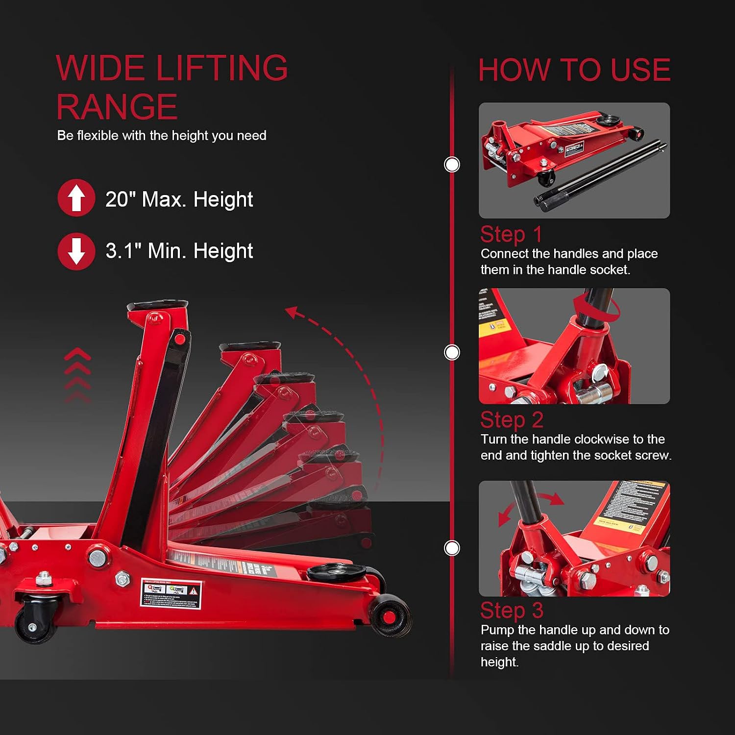 BIG RED AT84007R Torin Hydraulic Low Profile Service/Floor Jack with Dual Piston Quick Lift Pump, 4 Ton (8,000 lb) Capacity, Red