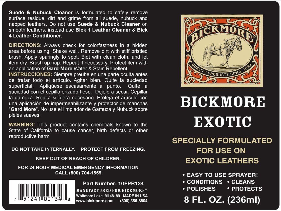 Bickmore Exotic Leather Cleaner & Conditioner for Exotic Skins and Leathers | One step preserves material and natural sheen on alligator, ostrich, lizard and stingray hides.