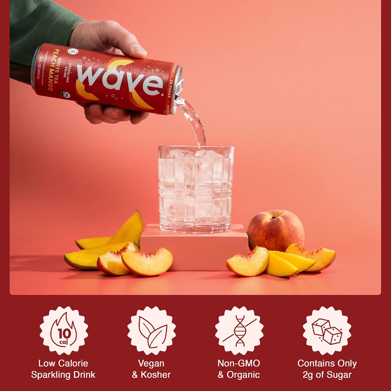 WAVE Organic Sparkling Drink, Soda Alternative, White Tea Peach Mango | No Added Sugar, Low Calorie, No Artificial Sweeteners, Coconut Water
