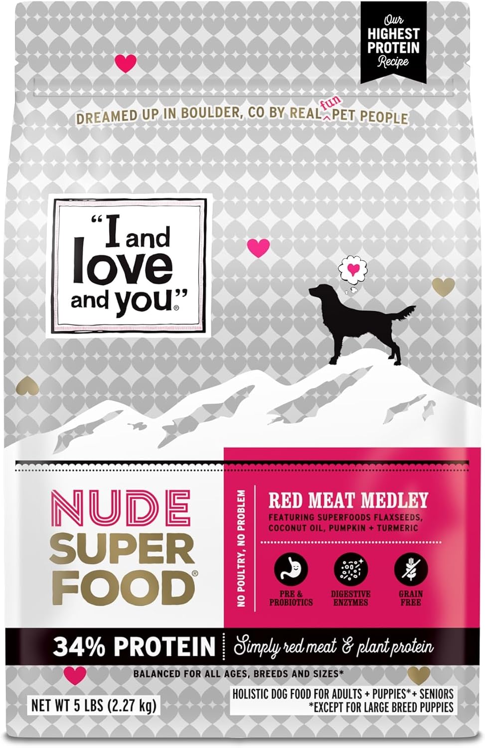 I and love and you Nude Super Food Dry Dog Food - Salmon + Whitefish - Prebiotic + Probiotic, Grain Free, Real Meat, No Fillers, 5lb Bag