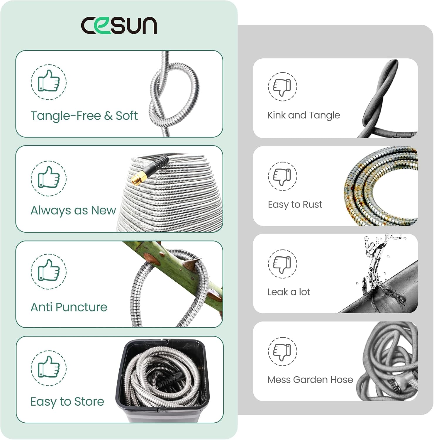 Cesun 100 ft Metal Garden Hose with 10 Function Nozzle, 100 foot x 5/8" | Heavy Duty Stainless Steel Water Hose, Kink-Free & Flexible, Lightweight, Durable, Leak Proof, Rust Proof for Yard/RV/Outdoor