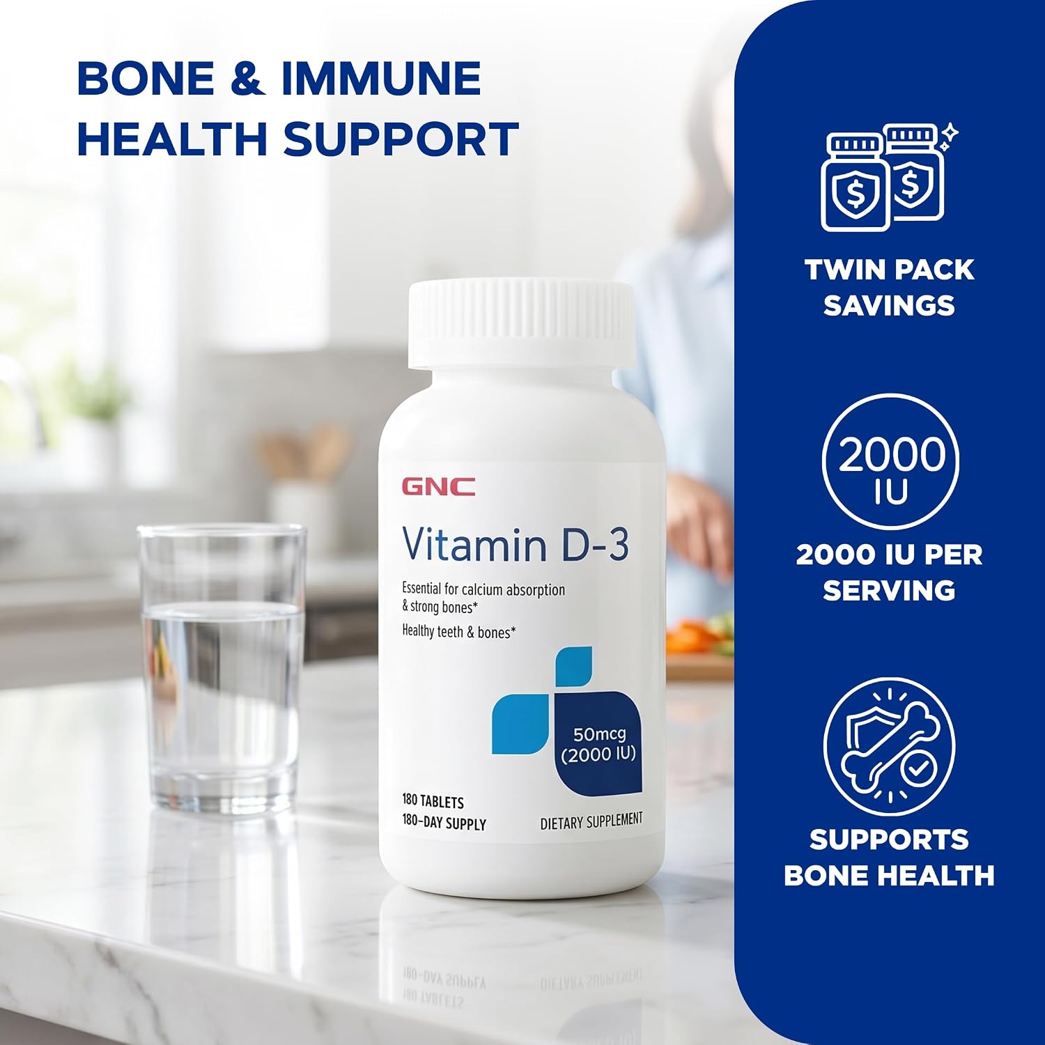 GNC Vitamin D-3 2000 IU, Healthy Teeth & Bones, 180 Tablets, Twin Pack