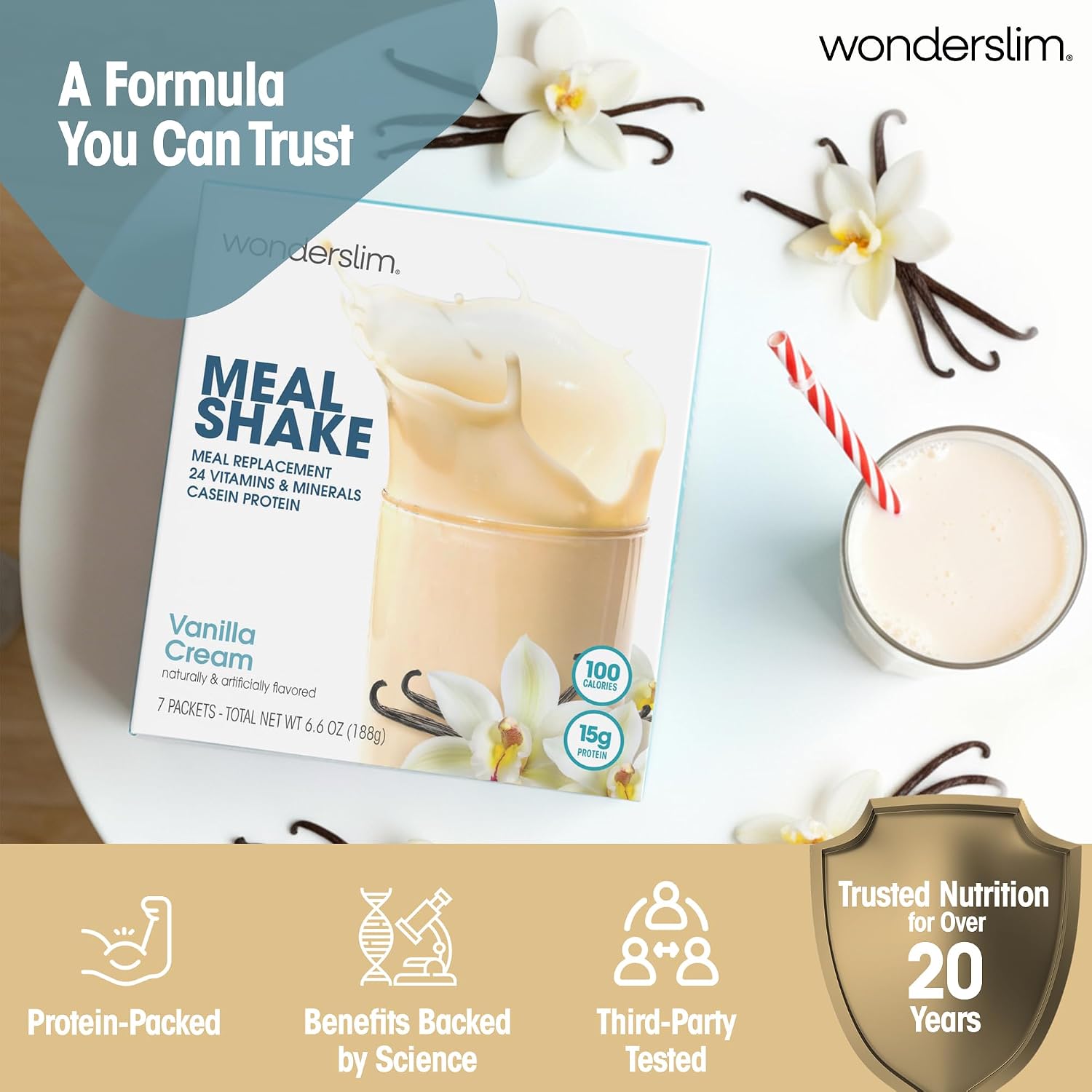 WonderSlim Protein Meal Replacement Shake – 15g Protein, 24 Vitamins & Minerals, Low Carb, Low Calorie, Gluten Free – Meal Replacement Drink for Weight Management, 7 Count Packets (Dark Cocoa Cream)
