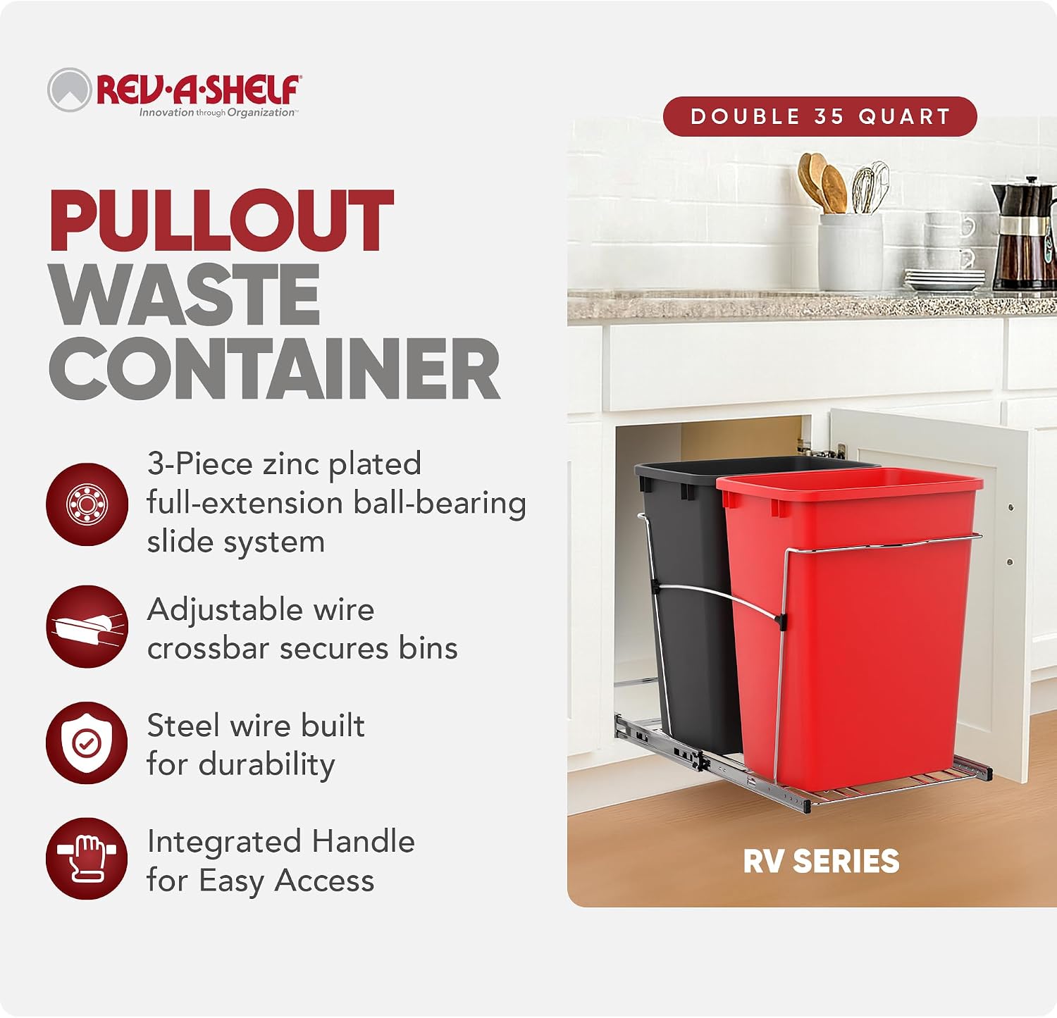 Rev-A-Shelf Double Pullout Garbage Trash Cans for Kitchen Cabinets, 35 Qt