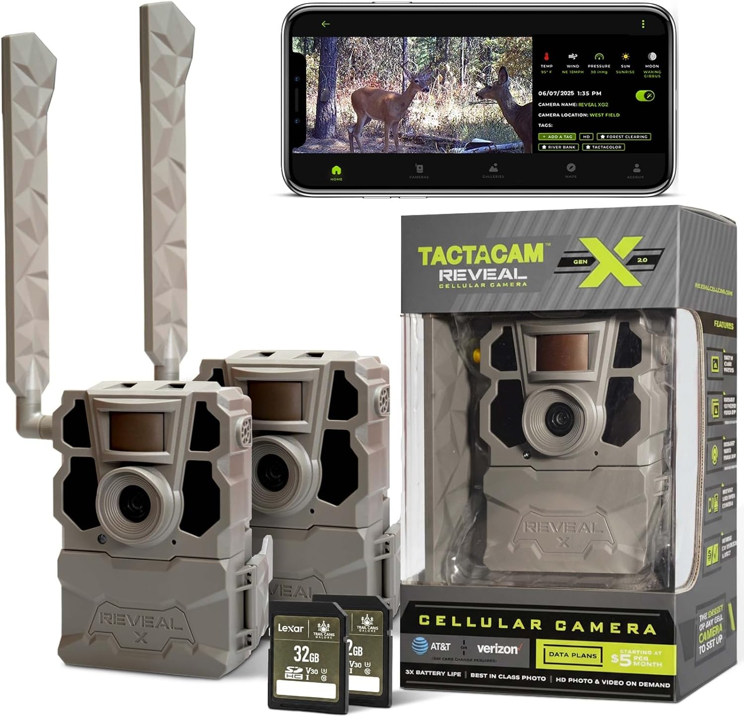 TACTACAM Reveal X Gen 2.0 LTE Cellular Trail Camera (2 PK) + Two 32GB SD Cards