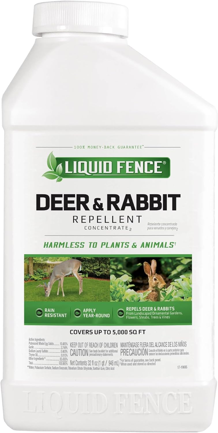 Liquid Fence Deer And Rabbit Repellent Concentrate 32 Ounces, Apply Year-Round | Use to Treat on Gardens, Flowers, Shrubs, Trees & Vines, Covers up to 5,000 Sq. Ft., Harmless to Plants & Animals