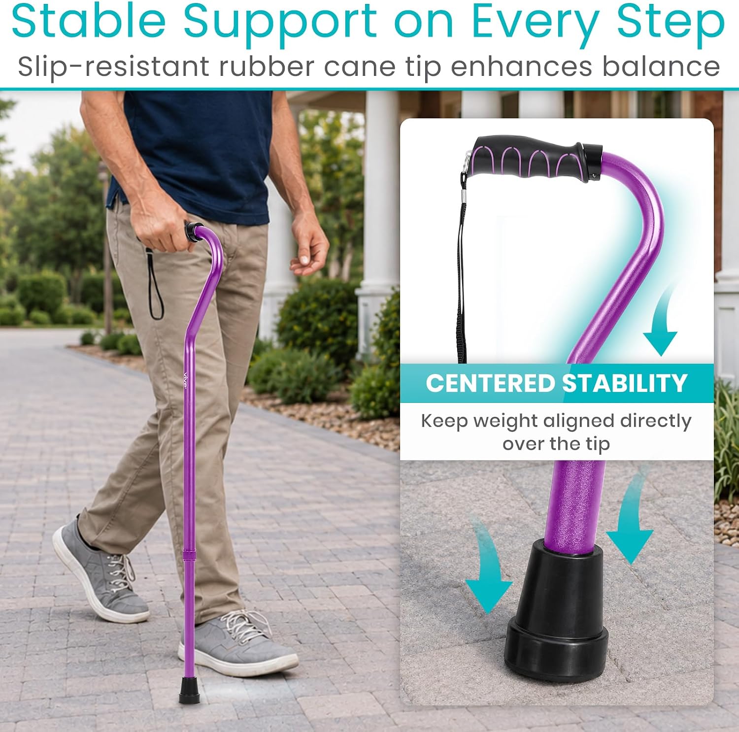 Vive Walking Cane for Women, Men, Elderly - Patented Offset Grip - Lightweight Adjustable Walking Aid with a Non-Slip Tip - Sturdy Balancing Mobility Aid for Seniors
