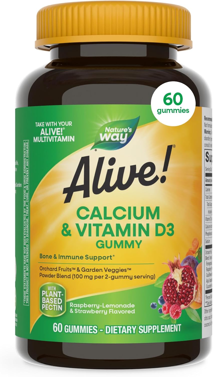Nature’s Way Alive! Chewable Calcium Gummies with Vitamin D3, 60 ct | Daily Supplement Supports Healthy Bones and Teeth, and Muscle Function*, Strawberry and Raspberry-Lemonade Flavored