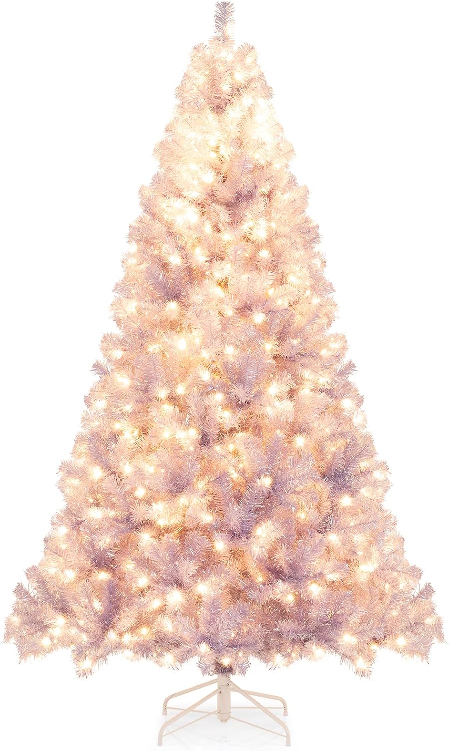 Goplus 7.5ft Pre-Lit Artificial Christmas Tree, Premium PVC Snow Flocked Hinged Pine Tree with Metal Stand and LED Lights