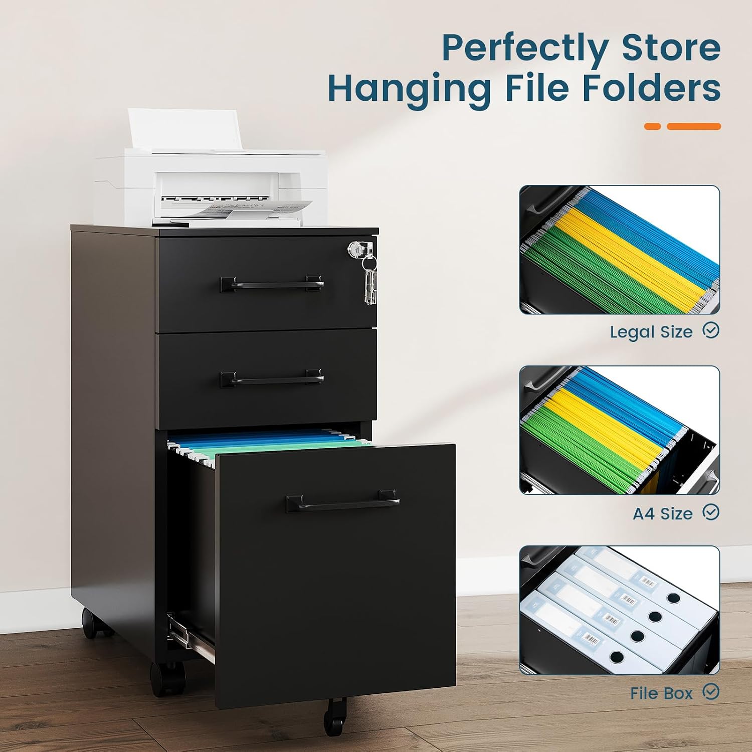 MIIIKO 3 Drawer File Cabinet with Lock, Metal Lateral Rolling Printer Stand Filing Cabinets for Home Office Storage,A4, Letter,File Folders(White)