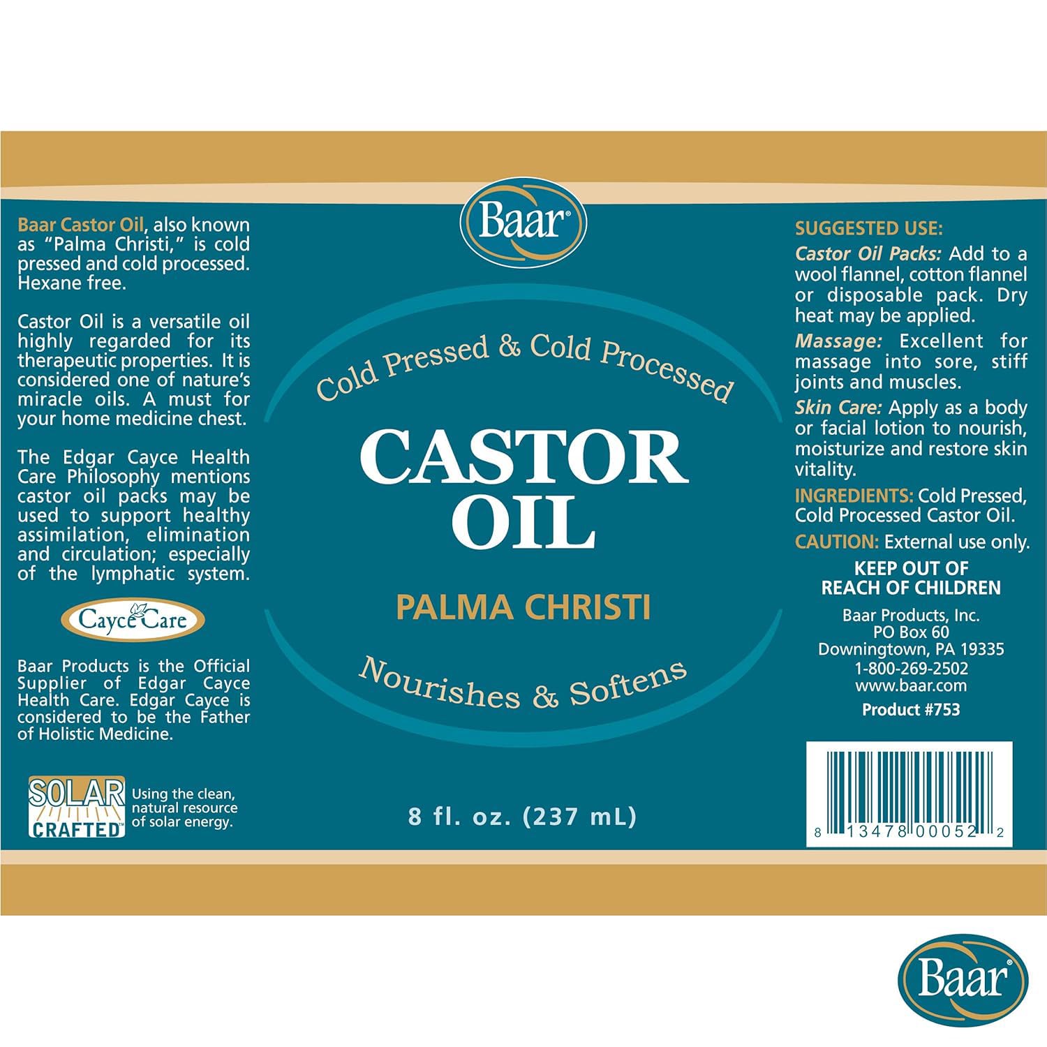 Baar Cold-Pressed Castor Oil, Cold-Processed, Hexane-Free, Palma Christi, for Skin, Hair, Massage & Castor Oil Packs, BPA-Free Bottle, 32 oz | Hexane free, Palma Christi oil, BPA-free bottle, skin, hair and massage applications