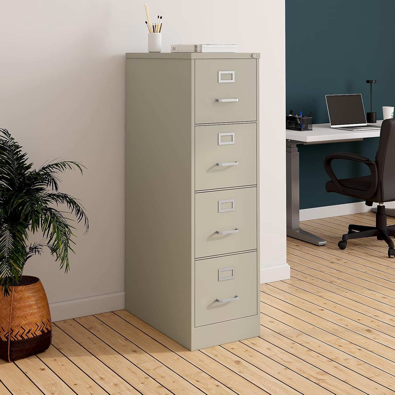 Staples 4-Drawer Vertical File Cabinet, Letter Size Documents, Lockable, 26.5" D x 15" W x 51.97" H, Putty/Beige