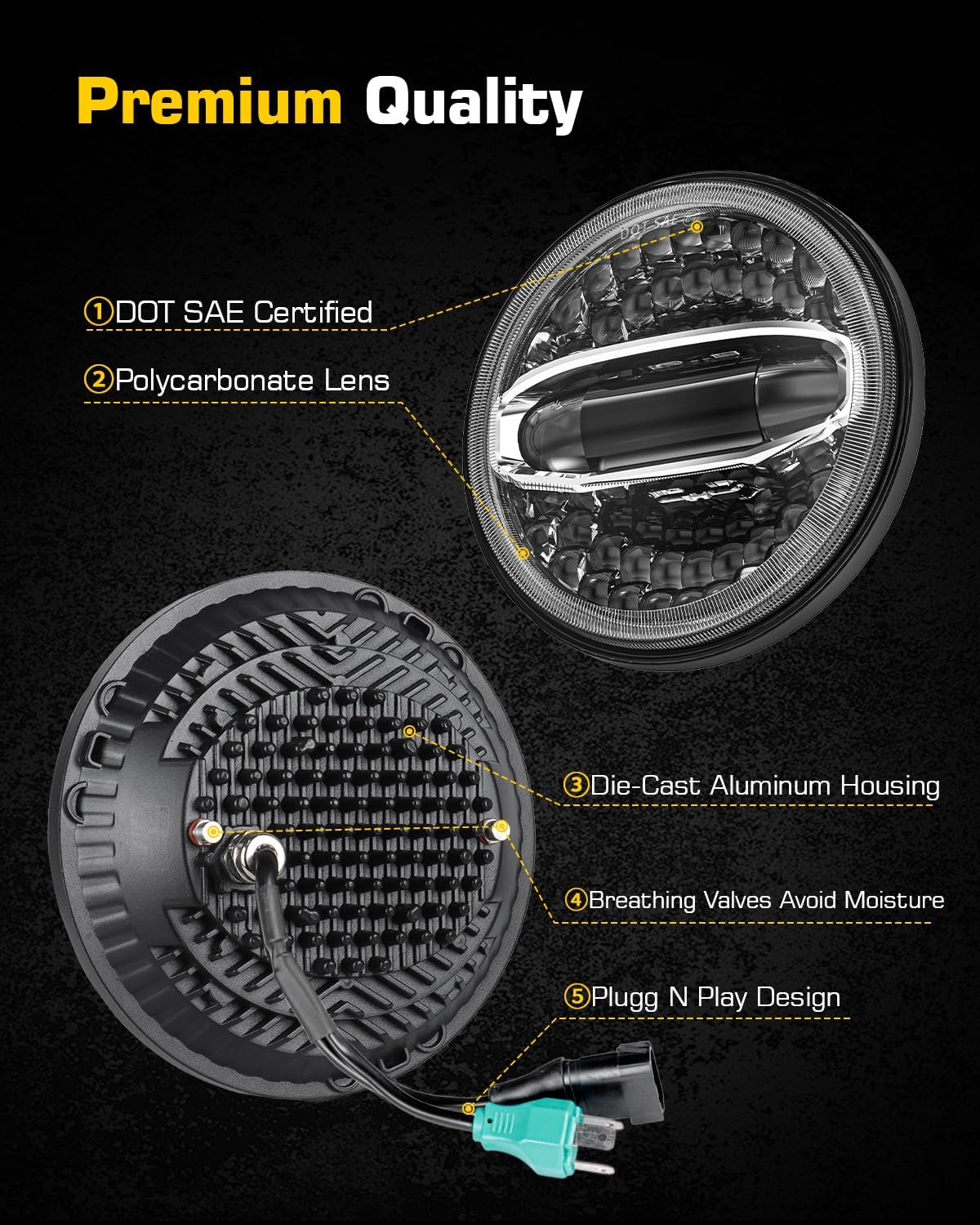 5x7 7x6 Inches LED Headlights H6054 Hi/Low Sealed Beam DOT/SAE Headlamps