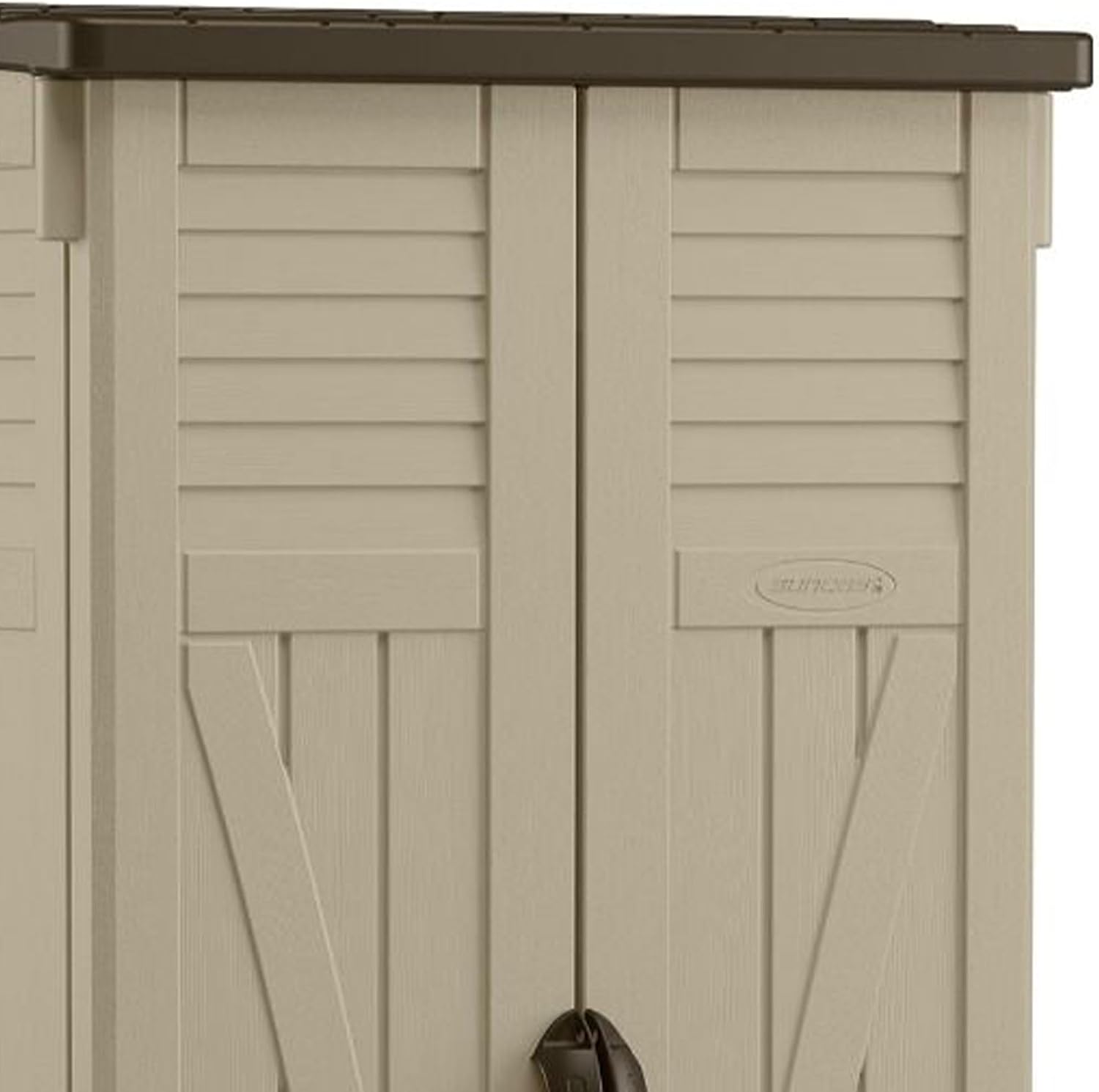 Suncast Vertical Shed, Compact Outdoor Storage System, 22 Cu. Ft. Capacity, Sand & Mustang - Lockable Multi-Wall Resin Organizer for Long-Handle Tools