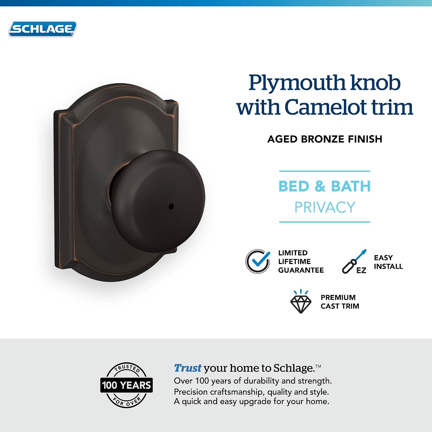 Schlage Plymouth Bed/Bath Privacy Door Knob with Lock, Satin Nickel | Interior bedroom or bathroom door knob with push button lock, Easy to install, Certified durability, Universal fit