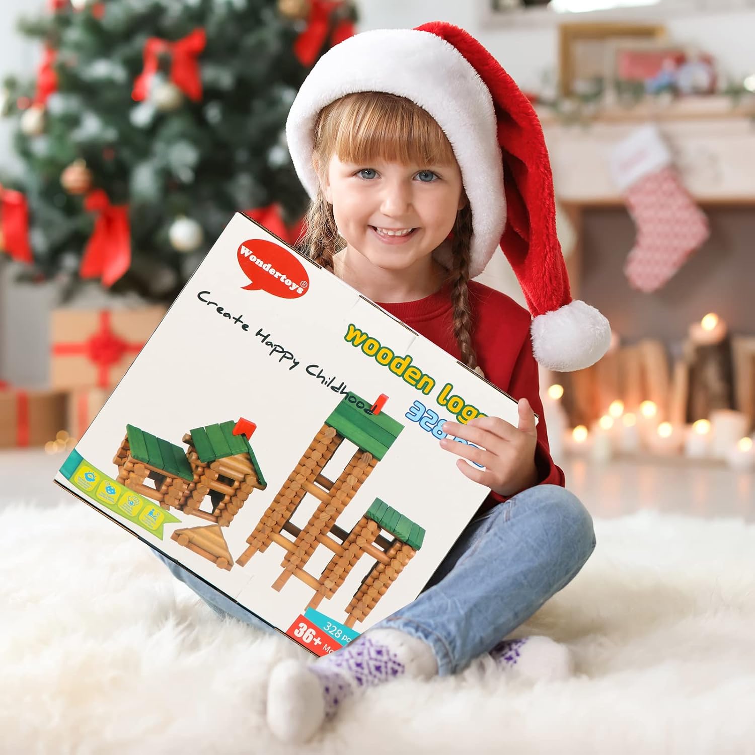 Wondertoys 170 Pieces Wood Logs Set Ages 3+, Classic Building Log Toys for Boy, Creative Construction Engineering Educational Gifts
