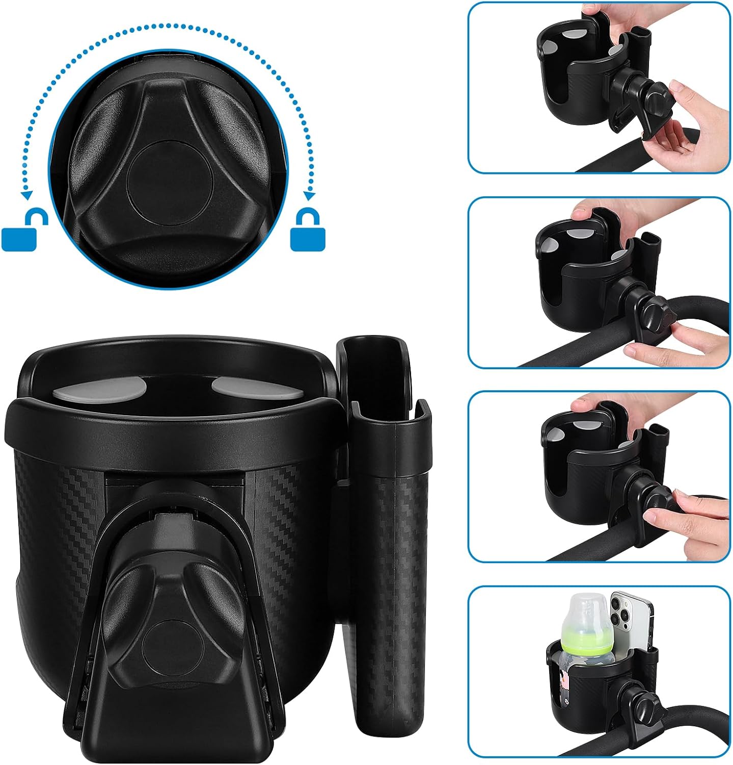 Accmor Stroller Cup Holder with Phone Holder, Bike Cup Holder, Universal Cup Holder for Uppababy Nuna Strollers, 2-in-1 Drinks Holder for Walker
