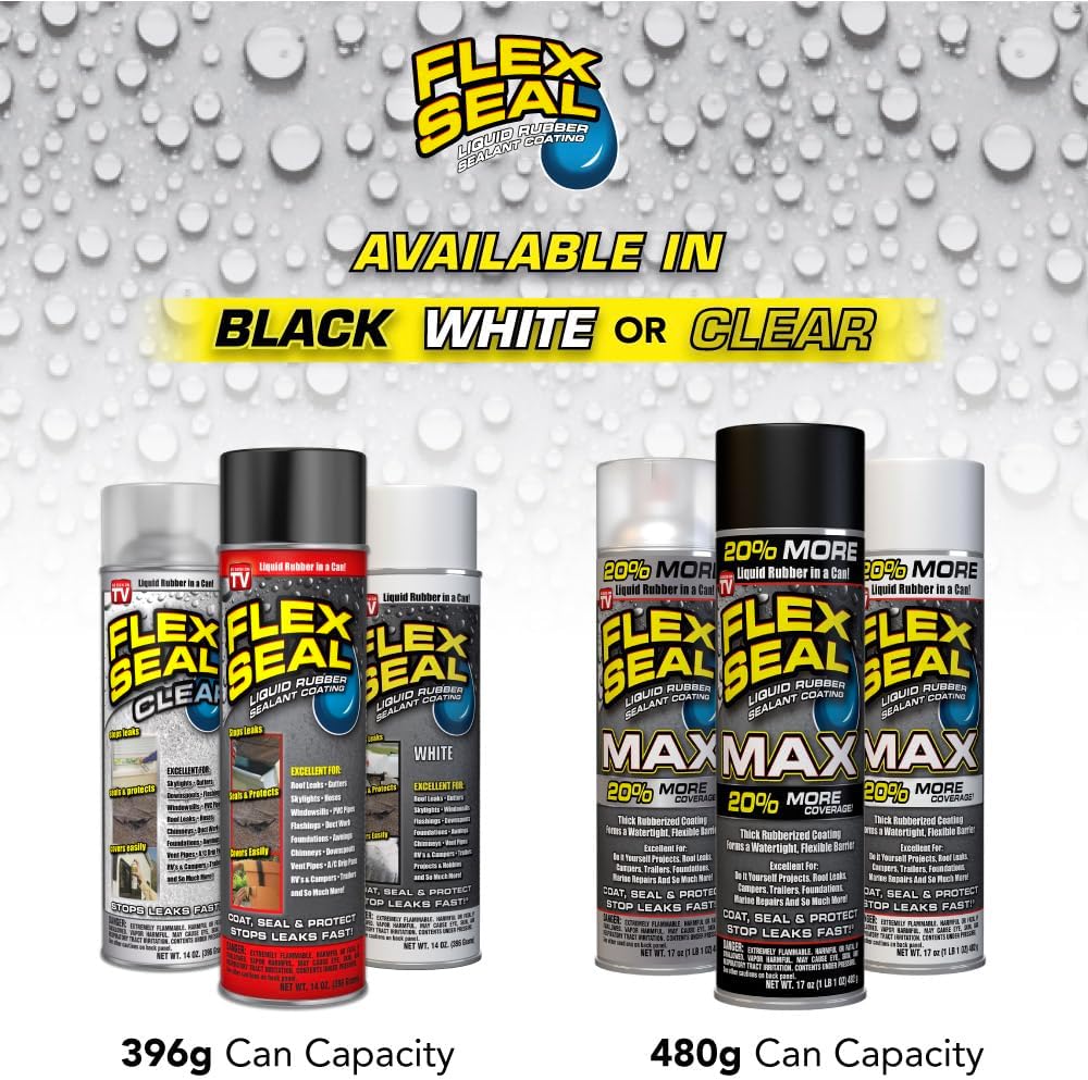 Flex Seal, 14 oz, 2-Pack, Black, Stop Leaks Instantly, Waterproof Rubber Spray On Sealant Coating, Perfect for Gutters, Wood, RV, Campers, Roof Repair, Skylights, Windows, and More