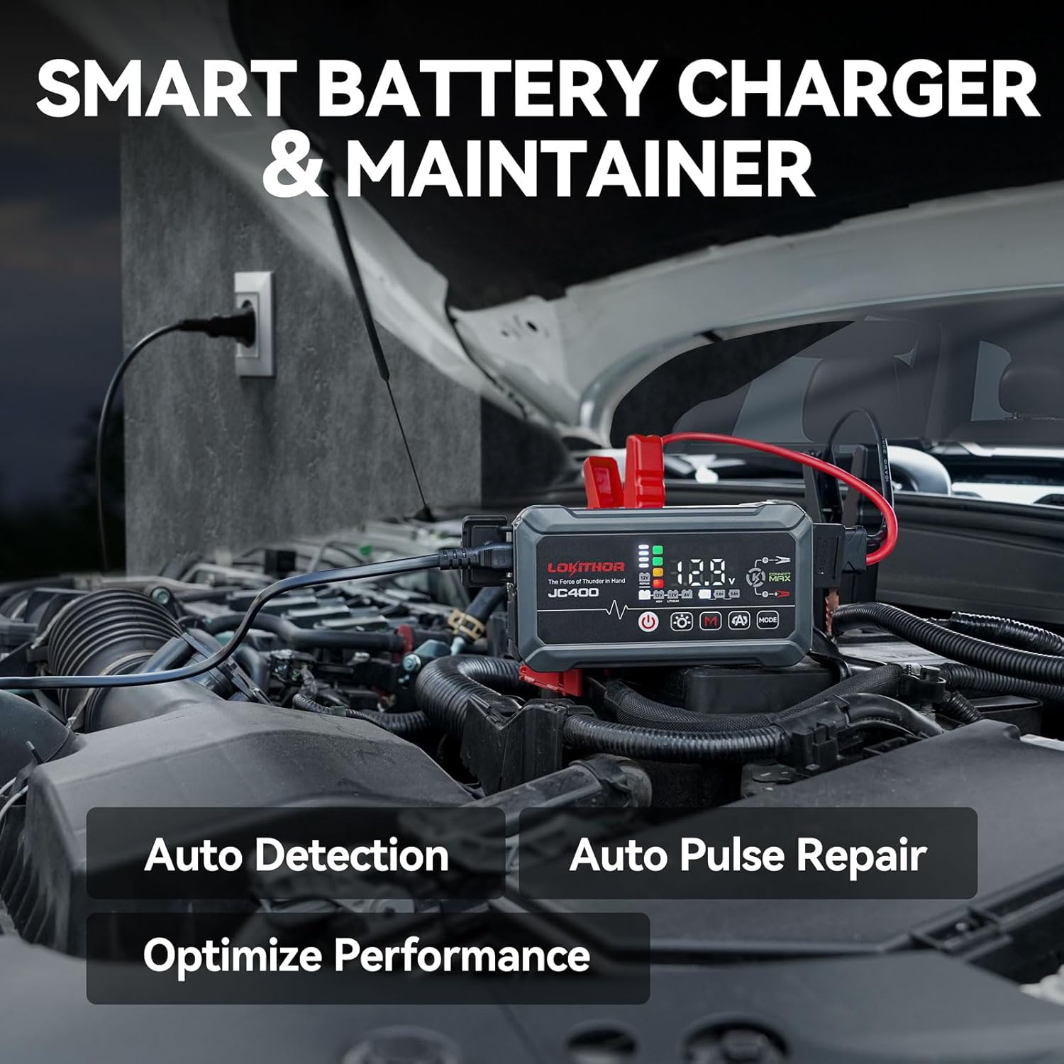 LOKITHOR JC400 2A Car Battery Charger and 2500A Jump Starter | 750mA/1A/2A, 6V/12V Automotive Battery Maintainer, Trickle Charger and Desulfator