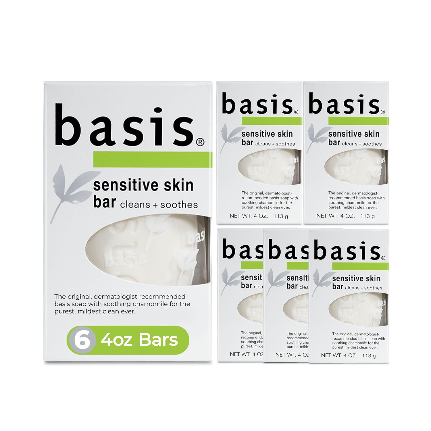 Basis Sensitive Skin Bar Soap for Body, Hands and Face, Multipack, 6 x 4 OZ