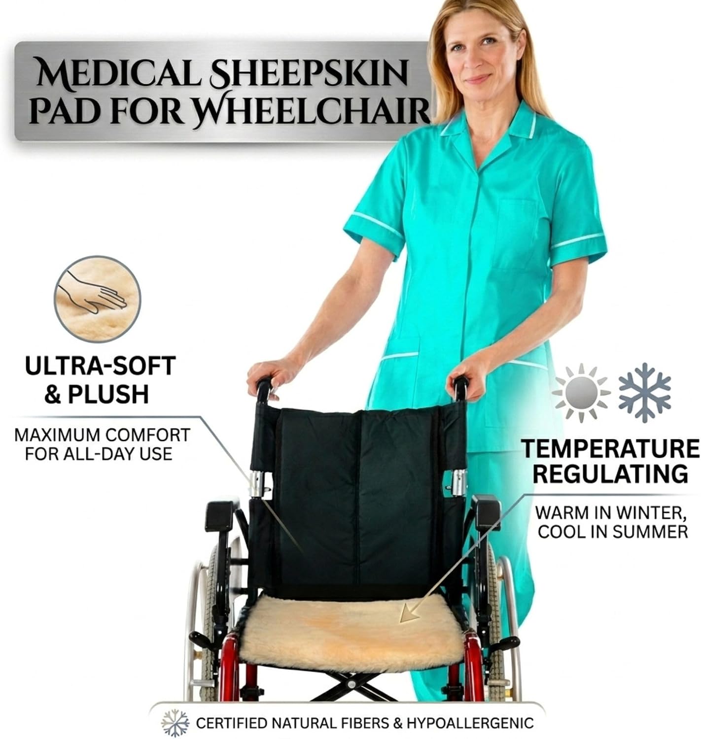 Natural Medical Sheepskin Pad, Non-Slip Back, Natural, 17 x 17 in, 1 Pack