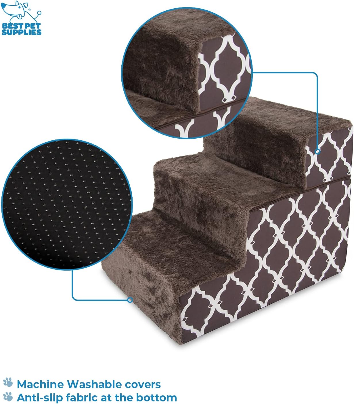 Best Pet Supplies Non-Slip Foam Dog Stair & Pet Ramp, Balanced Indoor Step Support - Foldable Stair, Ash Gray Linen,3-Step