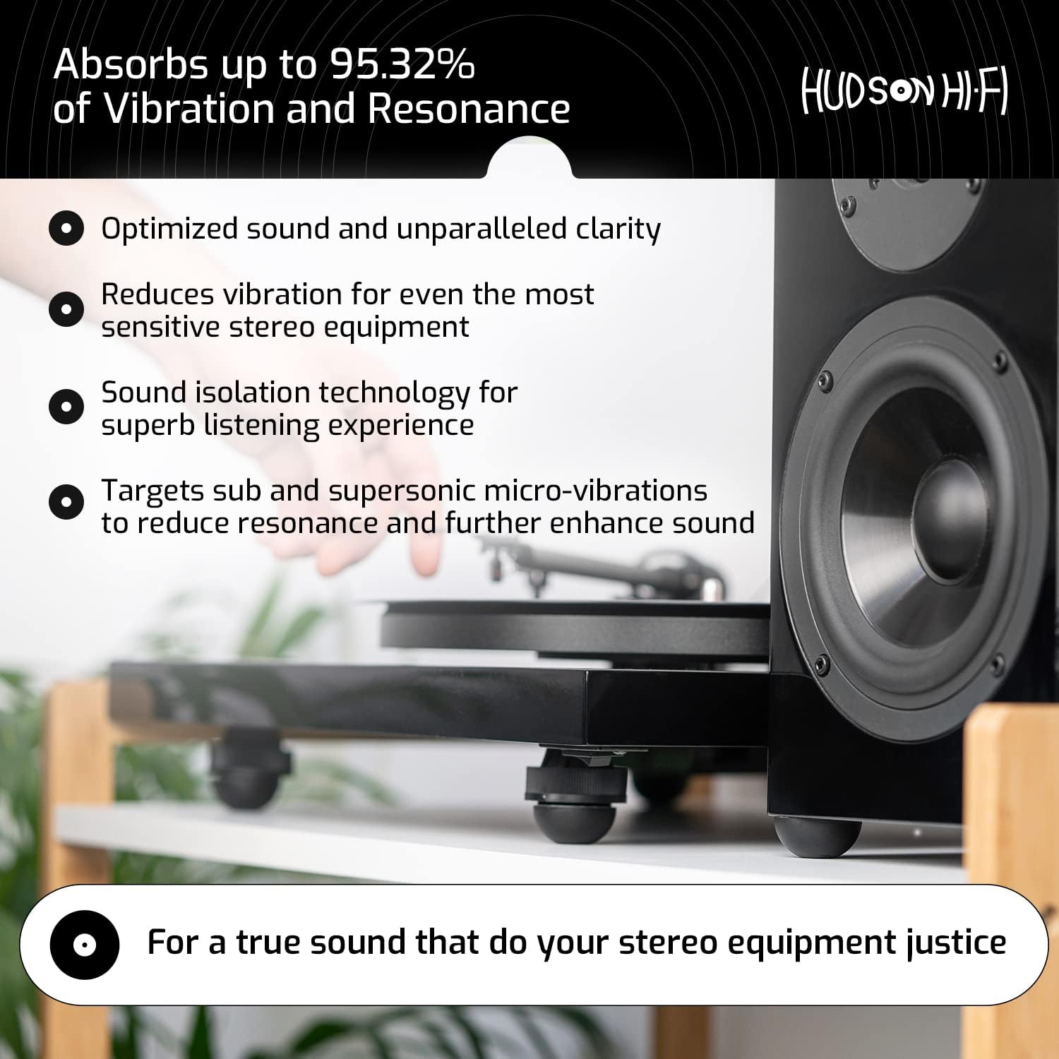 Hudson Hi-Fi Speaker Isolation Feet (4-Pack, 1") – Adhesive Silicone Anti-Vibration Pads for Speakers, Turntables, Subwoofers & Amplifiers, Supports 5-18 lbs Per Pad