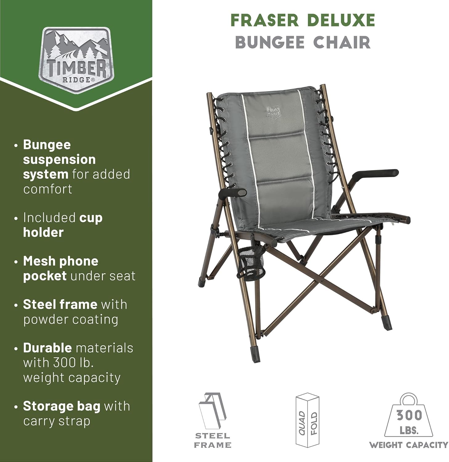Timber Ridge Bungee Folding Camping Chairs for Adults Supports 300lbs, Grey