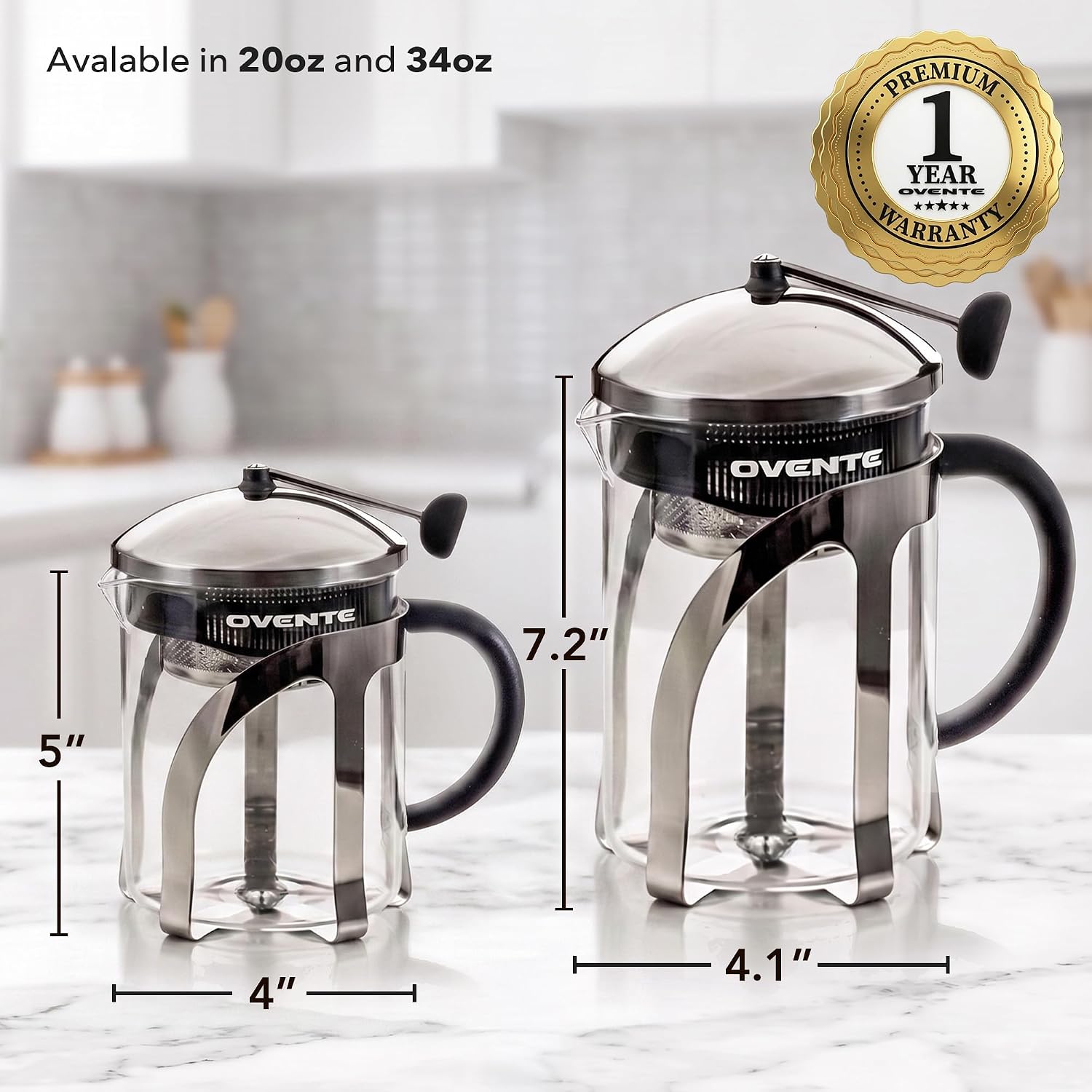 OVENTE French Press Coffee Maker, 34oz BPA-Free Cold Brewer, Clear FGC34T | Heat Resistant Borosilicate Glass, 4-Level Filter System, Stainless Steel Plunger, Cafetera Tea Pot for Kitchen Travel Gifts