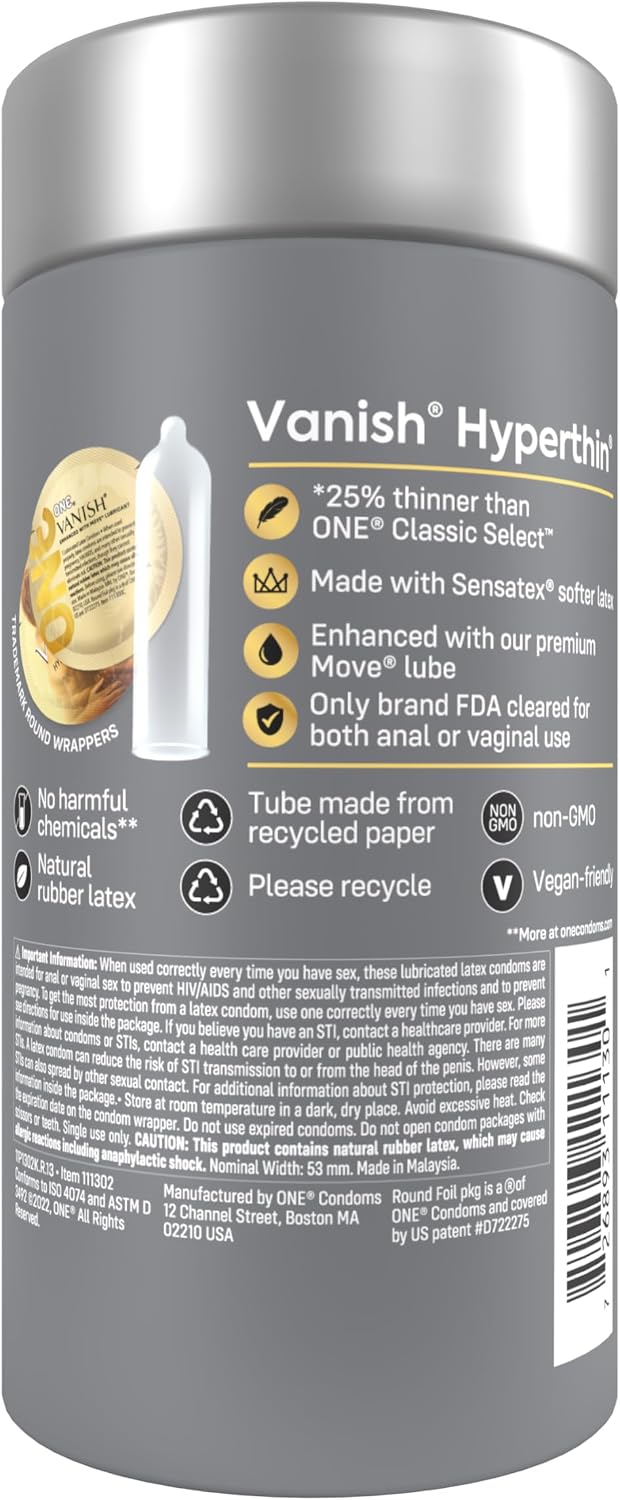 ONE® Vanish® Hyperthin® Condoms | Vegan-Friendly Ultra-Thin Latex Condoms | Non-GMO | Natural Rubber Latex | 12-Pack