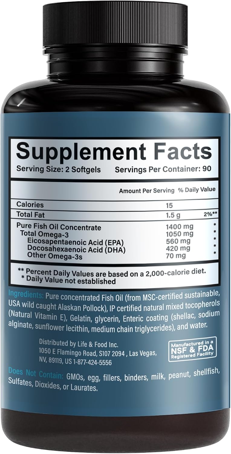 Omega-3 Supreme 1400 mg Wild Alaskan Fish Oil | Enteric Coated, Burpless | MSC Certified High EPA DHA, Improved Absorption & Heavy Metal Tested (3 Mo Supply,180 Softgels)