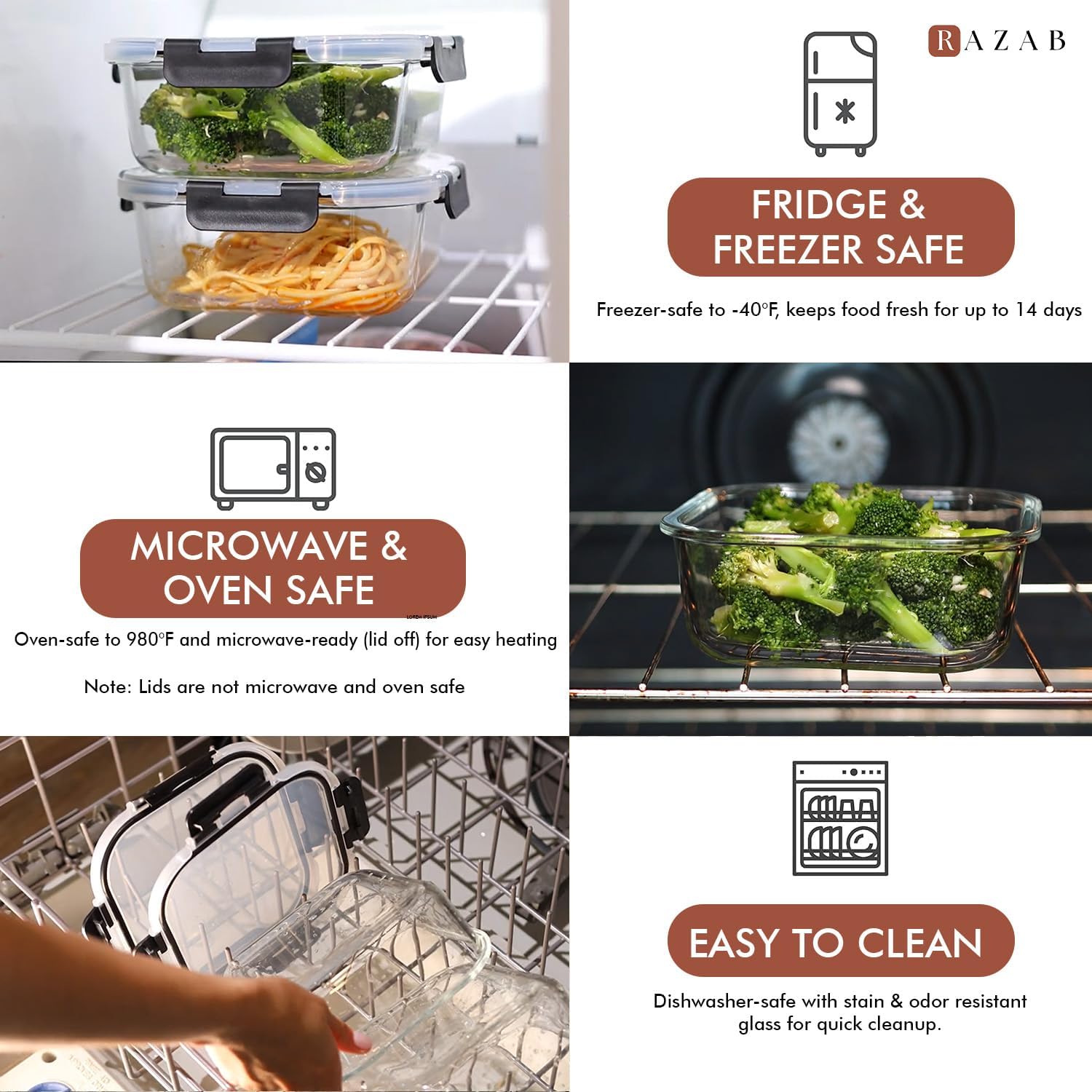 Razab 2 PC 1200ML / 41 Oz Glass Food Storage Containers with Lids - Airtight & Leakproof - Microwave/Oven/Freezer Safe - BPA Free - Ideal for Meal