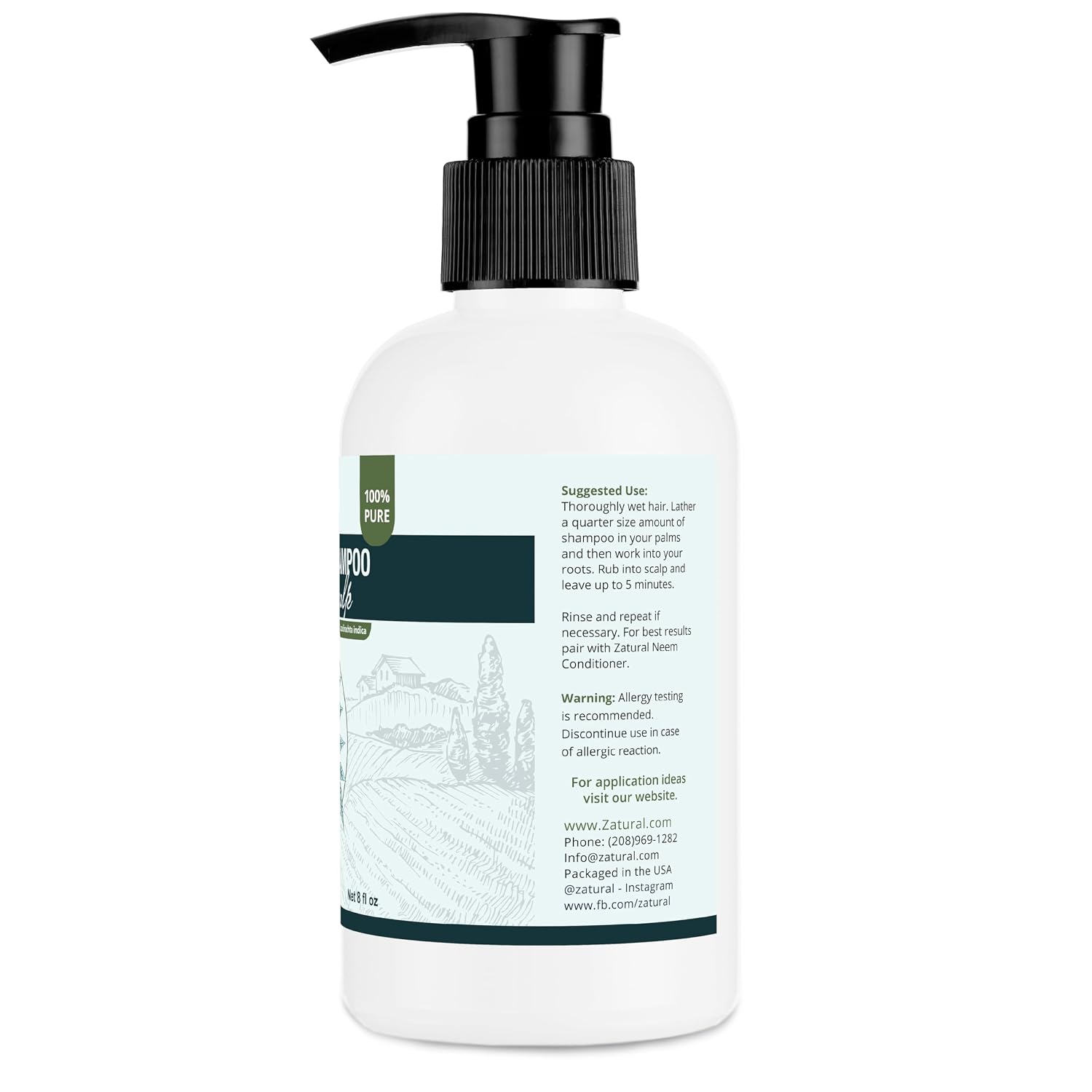 Zatural Neem Shampoo | Gentle Scalp & Hair Cleanser with Botanical Extracts | Moisturizing Wash for Softness, Volume, and Shine (8 Fl Oz)