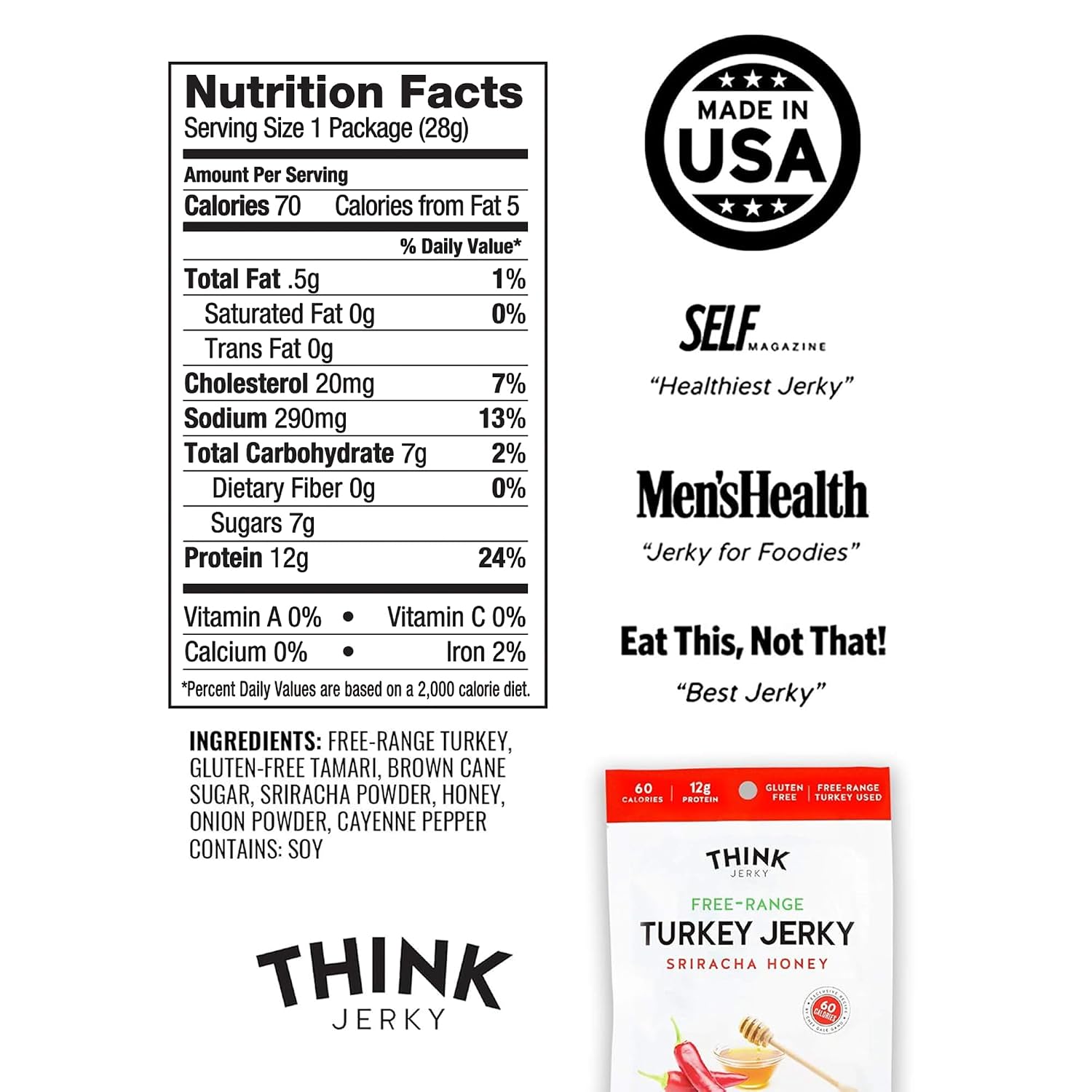 Think Jerky Sesame Teriyaki Beef Jerky, Grass-Fed High Protein Beef Jerky, Gluten Free, No Antibiotics or Nitrates, Healthy Chef Crafted Recipe, Low Calorie and Low Fat - 2.2 oz Bags, 4 Pack