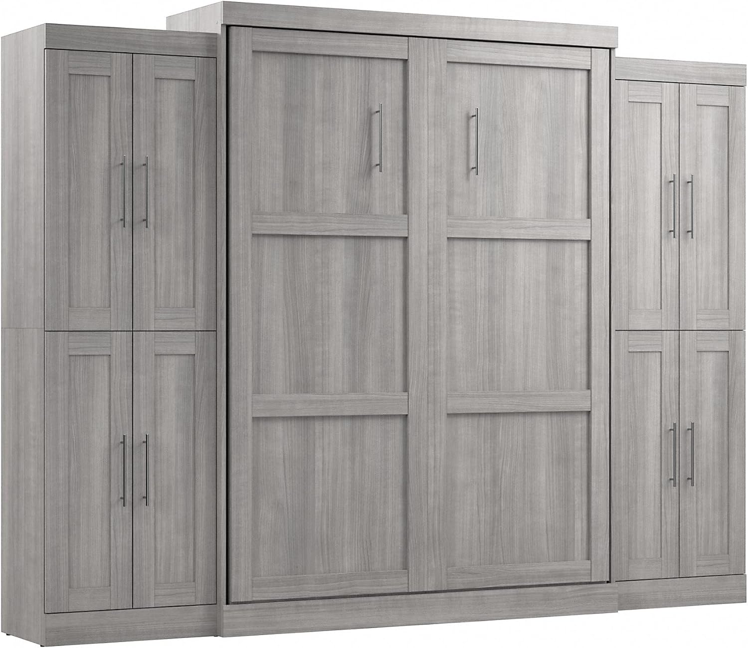 Bestar Pur Full Murphy Bed and 2 Shelving Units with Drawers, 109-inch Space-Saving Sleeping Arrangement in White | 2 Shelving Units with Drawers; supports up to 1000 lb; min. ceiling height 86.4 in.; dual piston mechanism; 10-year warranty