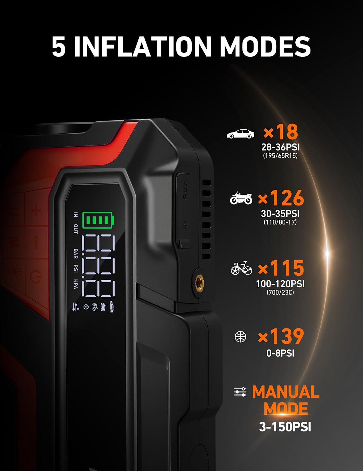 AstroAI S8 Air Jump Starter with Air Compressor, 3000A Peak Car Battery Jump Starter Portable (9.0 Gas/6.5L Diesel) with 150PSI Cordless Auto-Shutoff Tire Inflator, 12V Battery Charger Booster(Orange)