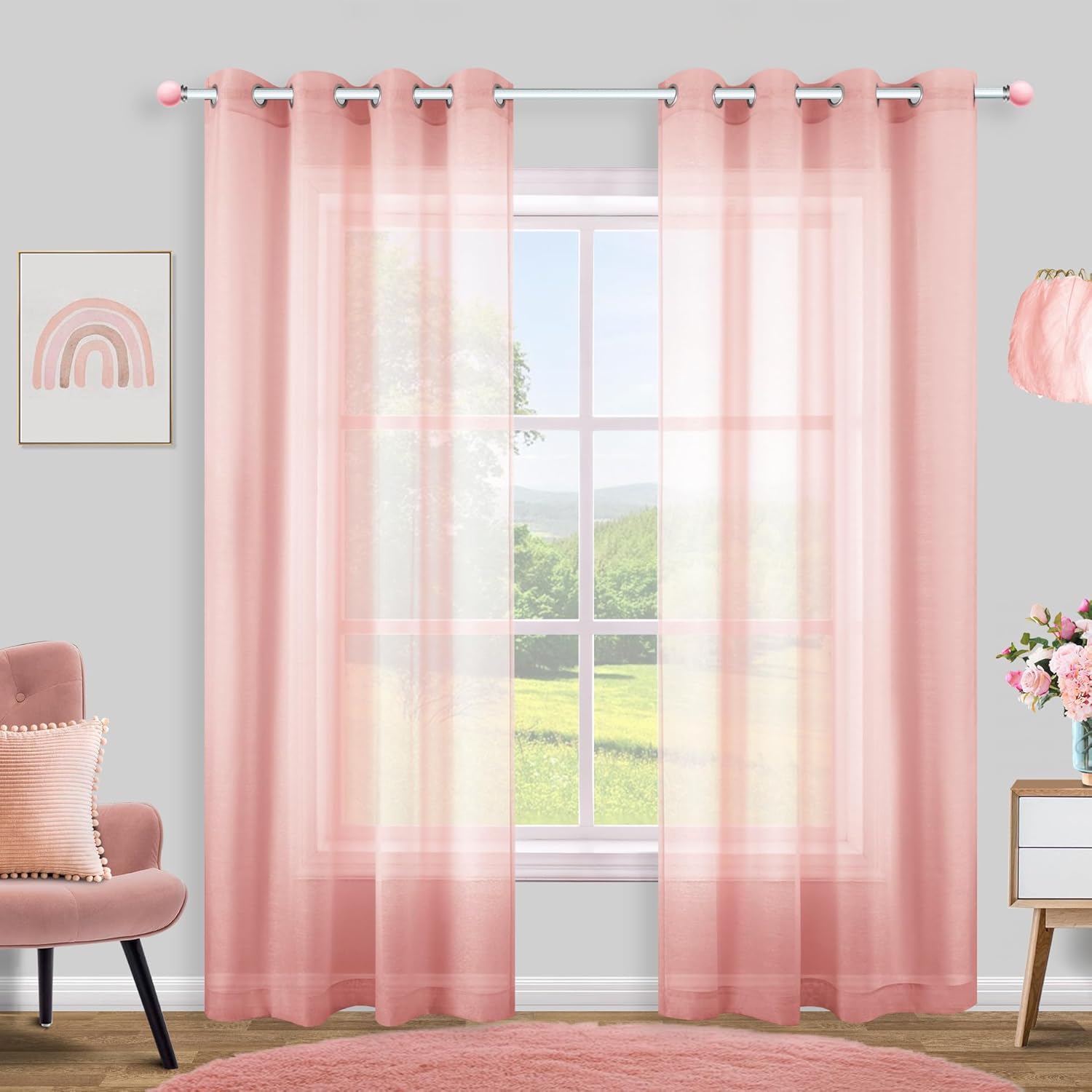 KOUFALL White Sheer Curtains 72 Inches Long for Bedroom Set of 2 Panels Grommet Faux Linen Window Voile Semi Baisc Decorative Sheer Curtains for