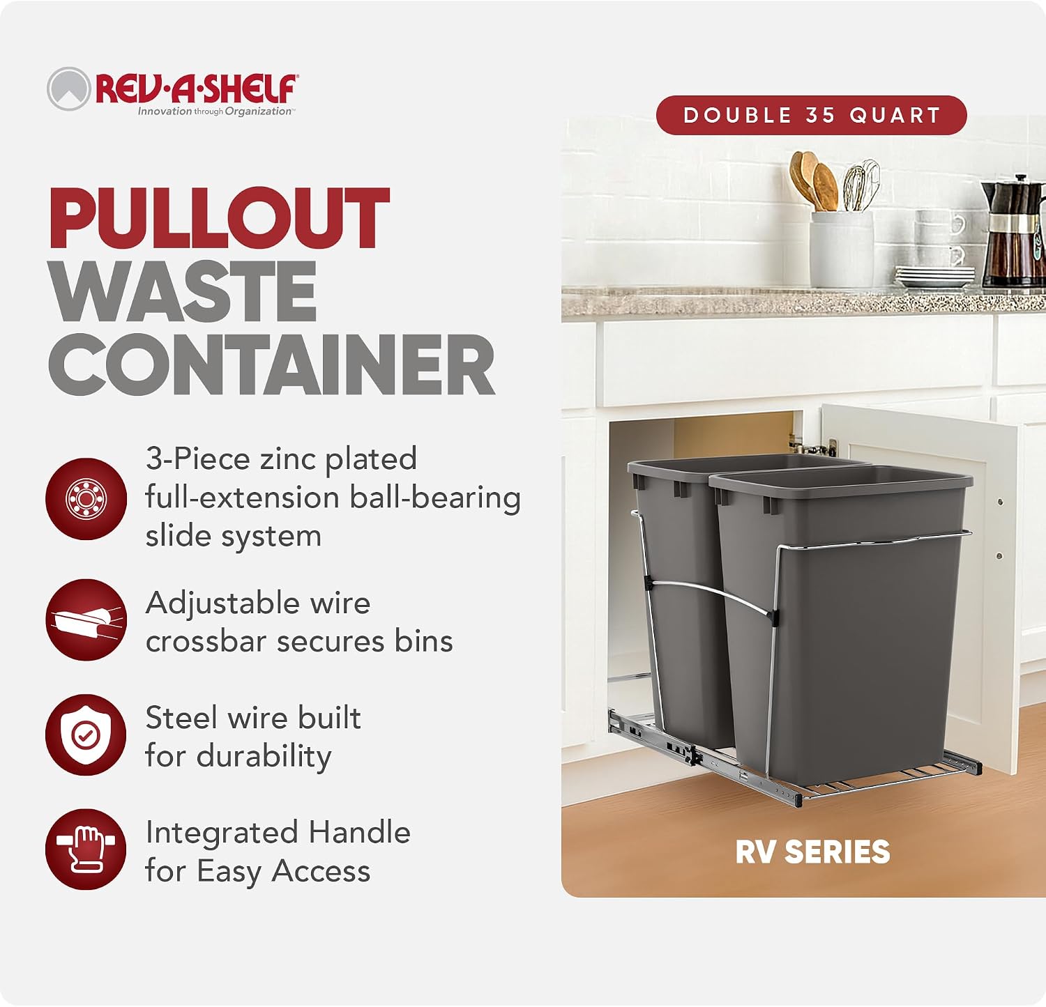 Rev-A-Shelf Double Pullout Garbage Trash Cans for Kitchen Cabinets, 35 Qt