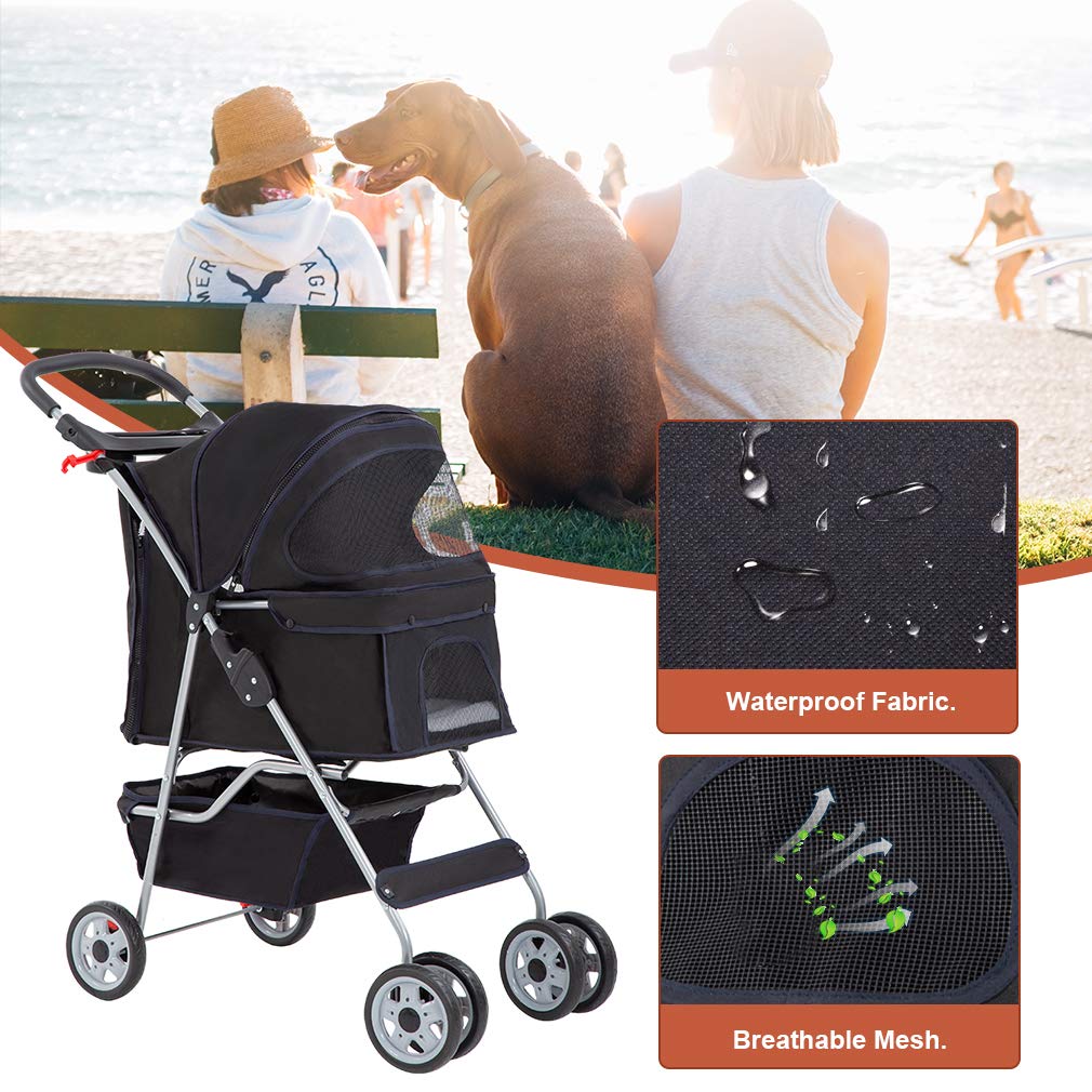 BestPet | 4-Wheel Foldable Pet Stroller | Black | Lightweight & Portable | Travel Carrier with Mesh Windows, Storage Basket, Cup Holder, Safety Brakes, and Waterproof Fabric | For Small Dogs and Cats