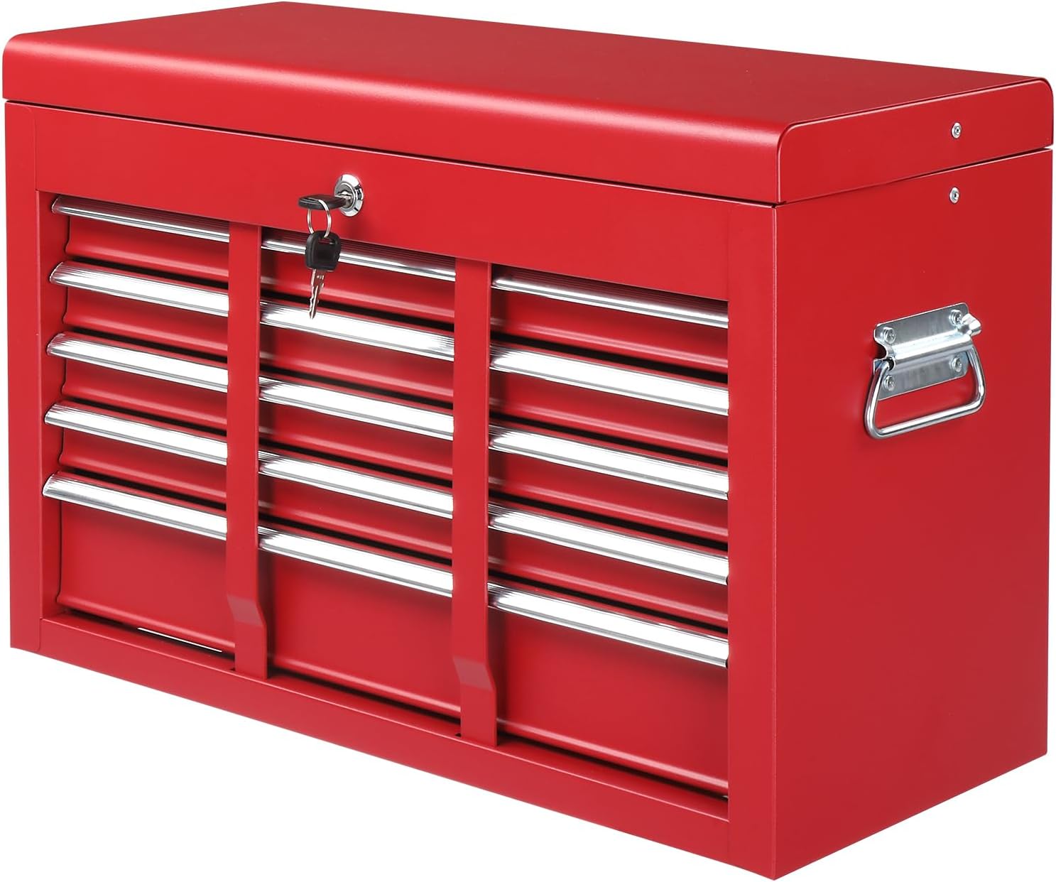 24" Metal Portable Tool Box with 5 Drawers, Lockable, Red | ToolBox with Top Storage Tray, Carry Handle, Ball Bearing Runners, Tool Chest Cabinet for Garage, Warehouse, Repair Shop