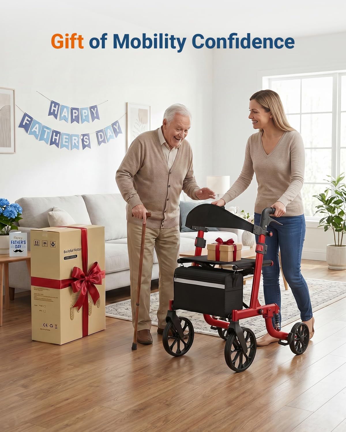 Foldable Rollator Walkers with Seat for Seniors, All Terrain Outdoor（Red | Patented Shock-Absorbing,Tool-Free Adjustment,350 lbs Capacity, 10″ Solid Wheels,16.3lbs Lightweight, Fit 61"-74" Tall User