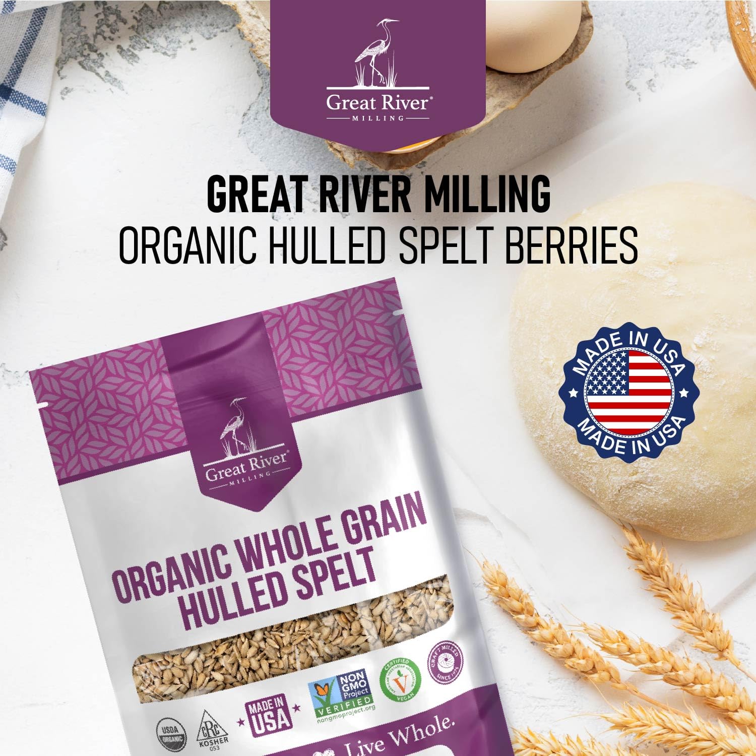 Great River Milling Organic Hulled Spelt Berries, Ancient Grain, 25 lb | Organic Hulled Spelt Berries for fresh spelt flour, bread, salads, pilaf, hot cereal and grain bowls; chewy cooked berries