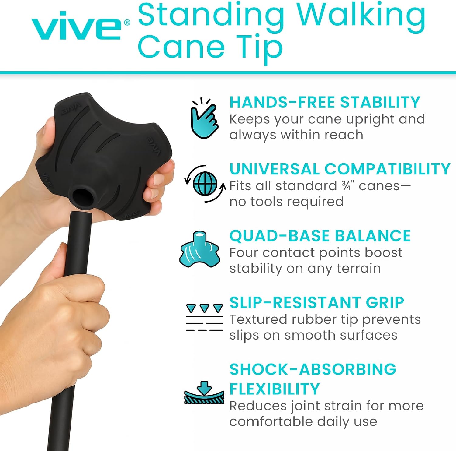 Vive Self Standing Walking Cane Tip 3/4 Inch Heavy Duty Replacement Quad