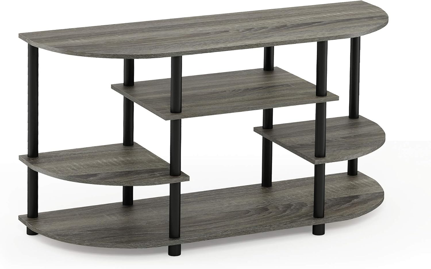 Furinno Turn-N-Tube No Tools Entertainment Center, Round Square Corner, French Oak Grey/Black | Raised Top, Open Shelves TV Console with for TV up to 32 Inch, for Living Room, Bedroom