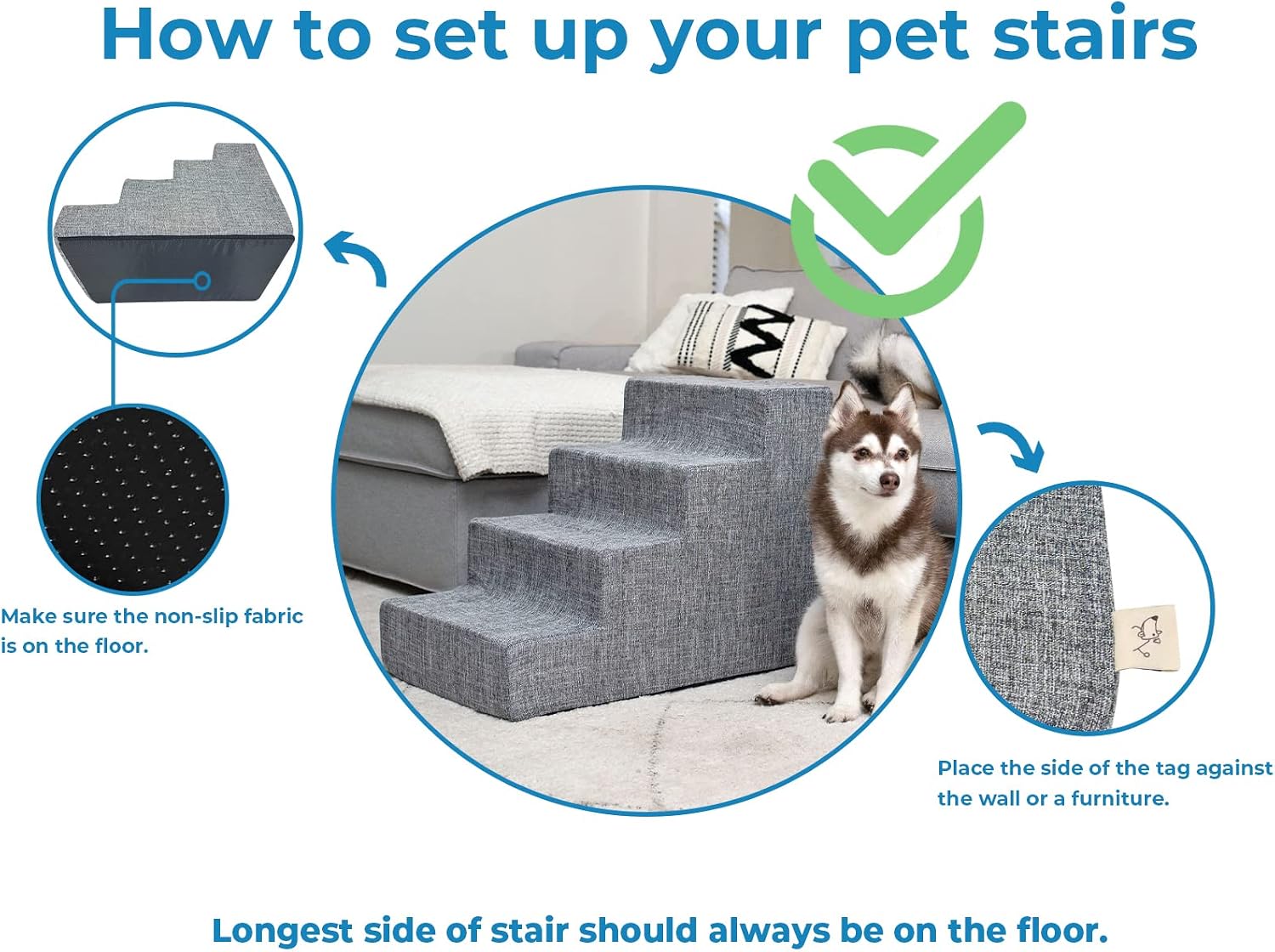 Best Pet Supplies Non-Slip Foam Dog Stair & Pet Ramp, Balanced Indoor Step Support - Foldable Stair, Ash Gray Linen,3-Step